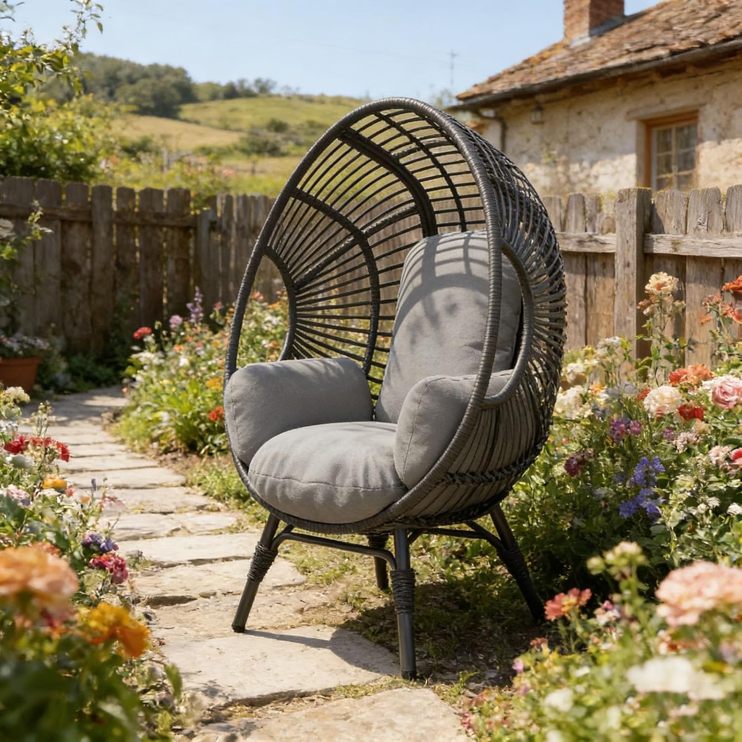 Wicker Chair Egg Shape, Indoor Outdoor, 400lbs Capacity, 8-Inch Cushion Balcony Chairs(Black+Gray)