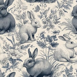 Blue Vintage Art Botanical Leaf Floral Wallpaper Self Adhesive Peel and Stick Retro Rabbit Flower Sketch Wall Paper Removable Waterproof for Bedroom Renter Friendly 17.71"x236.2"