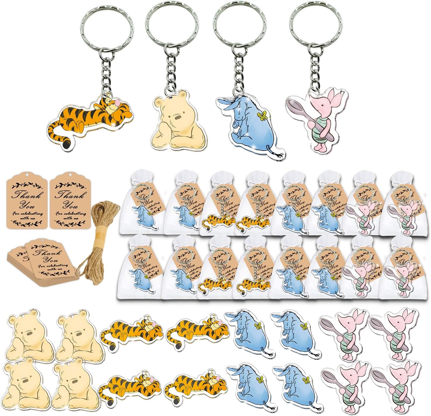 72pcs Winnie Baby Shower Favors Keychain, Winnie themed Birthday Party Supplies, 24 Acrylic Keychains, 24 Tags, 24 Gift Bags for Winnie Themed Party