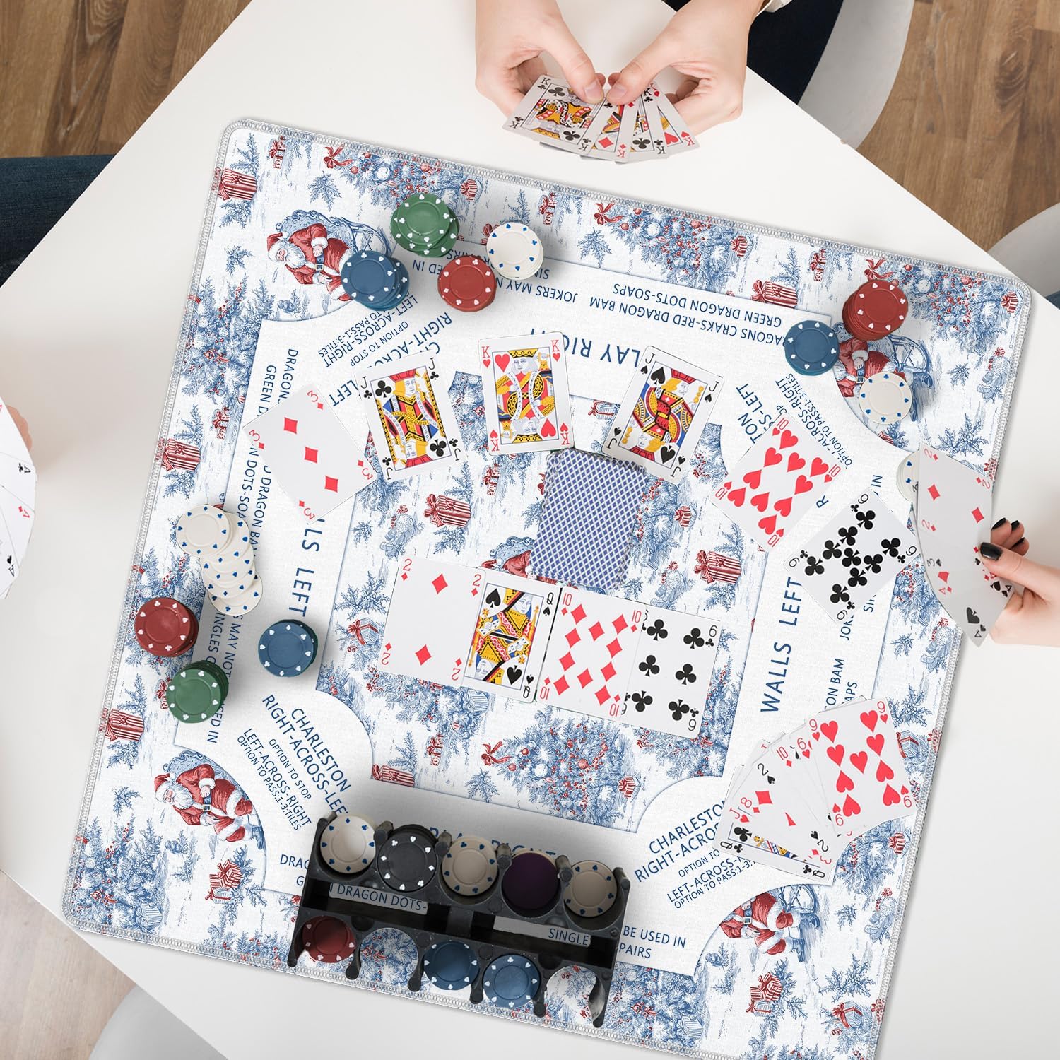 Red and Blue Chinoiserie Christmas Mahjong Mat 31.5 x 31.5 in, Grandmillennial Christmas Tree Santa Anti Slip and Noise Reduction Game Table Cover for Mahjong Dominoes Card Board Tile Games