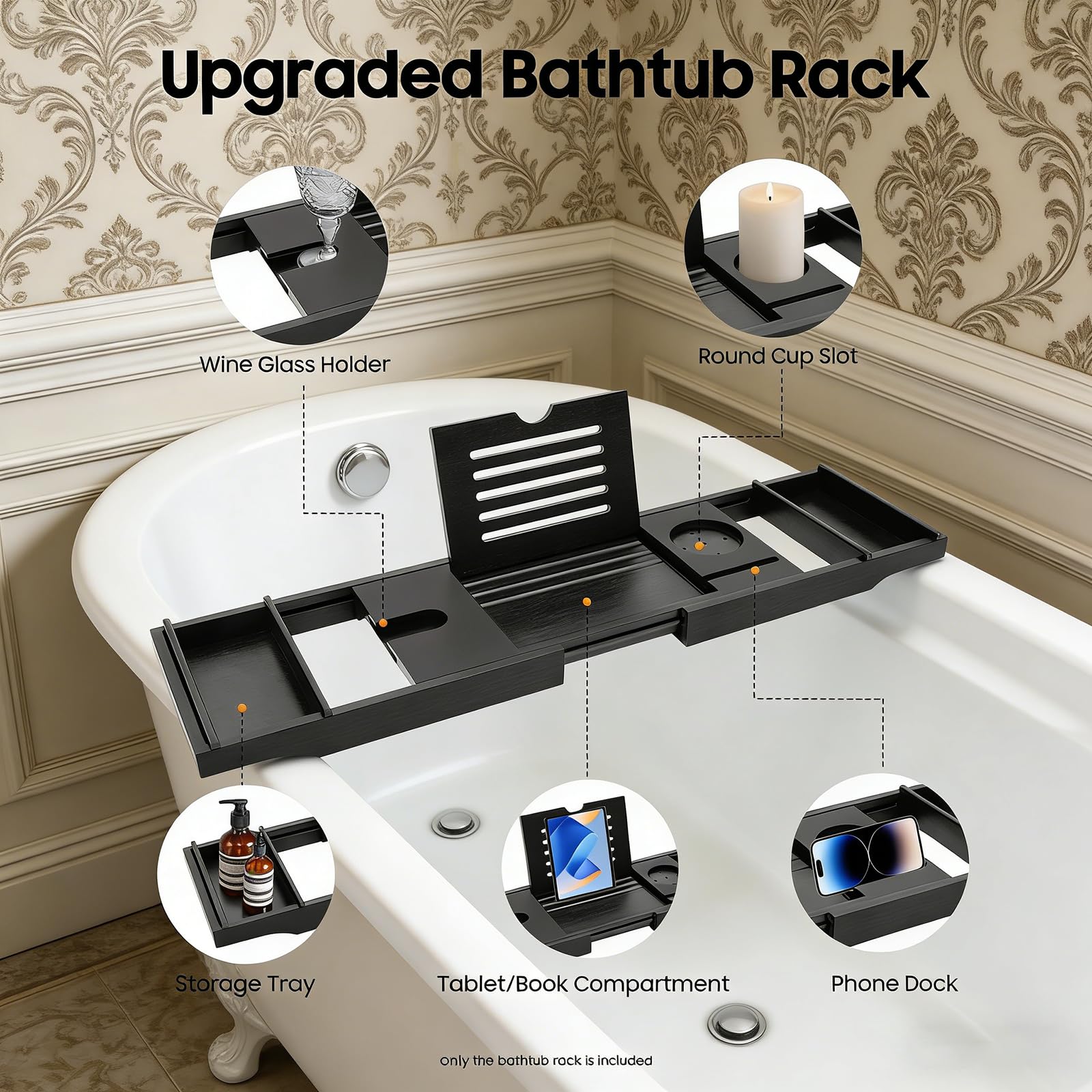 Estante extensible de bambú para bañera, ajustable, longitud ajustable de 75 a 111 cm, color negro