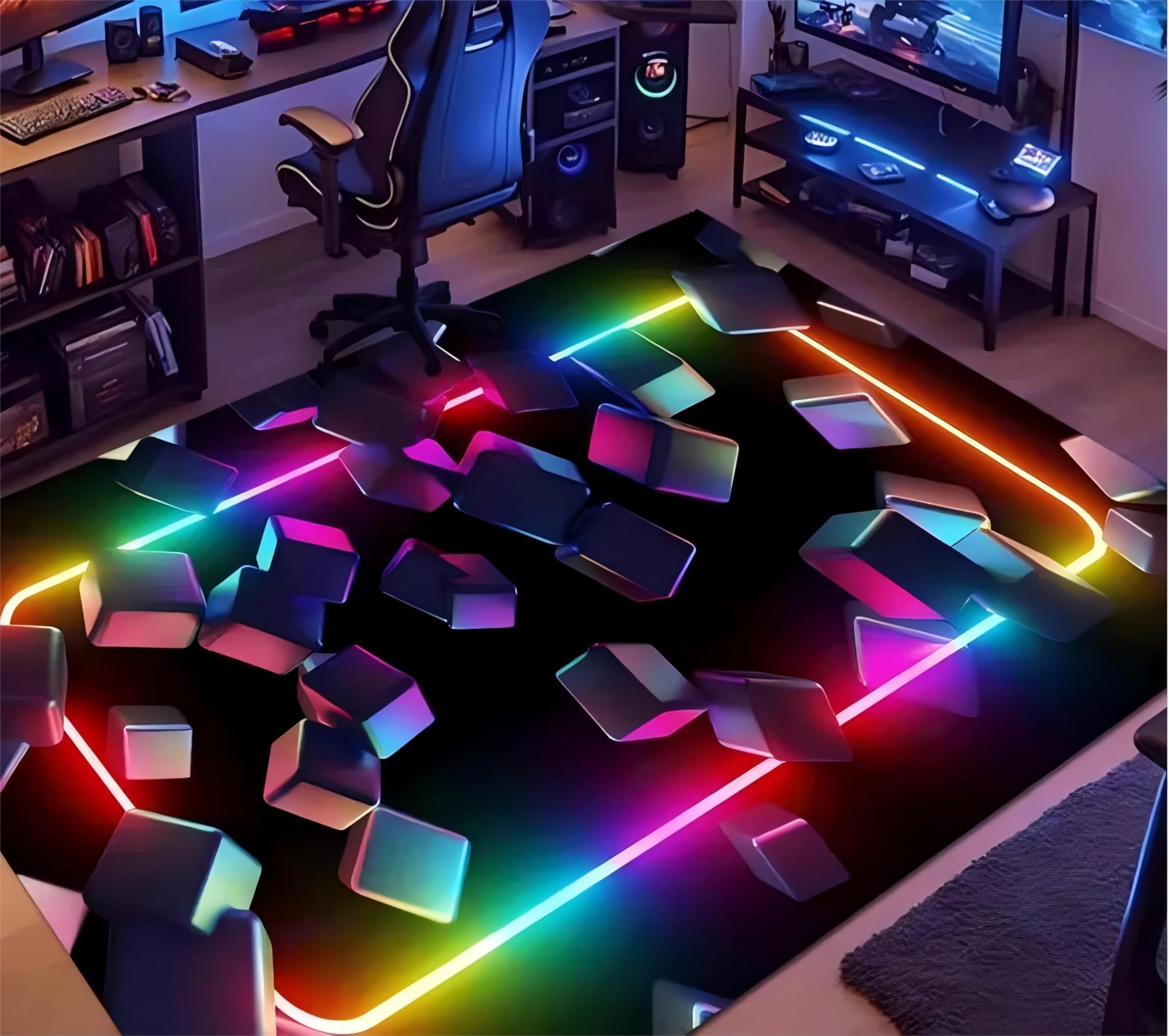 Honeycomb Area Rug,140x200cm, Modern Colorful Neon Geometric Playroom Rug, Non-Slip Washable Indoor Large Area Rugs Mat, Soft and Durable Black Rugs for Living Room Bedroom Children's Room Decoration