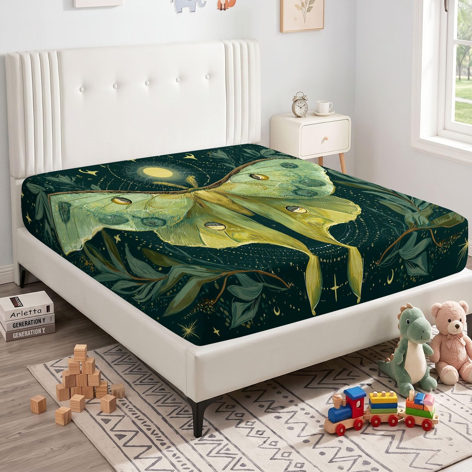 Moth Moon - Lenzuolo con angoli, per letto super king size, 180 x 200 cm, fantasia fantasy, con tasca profonda 30,5 cm, facile da pulire, morbida microfibra spazzolata, resistente al restringimento e