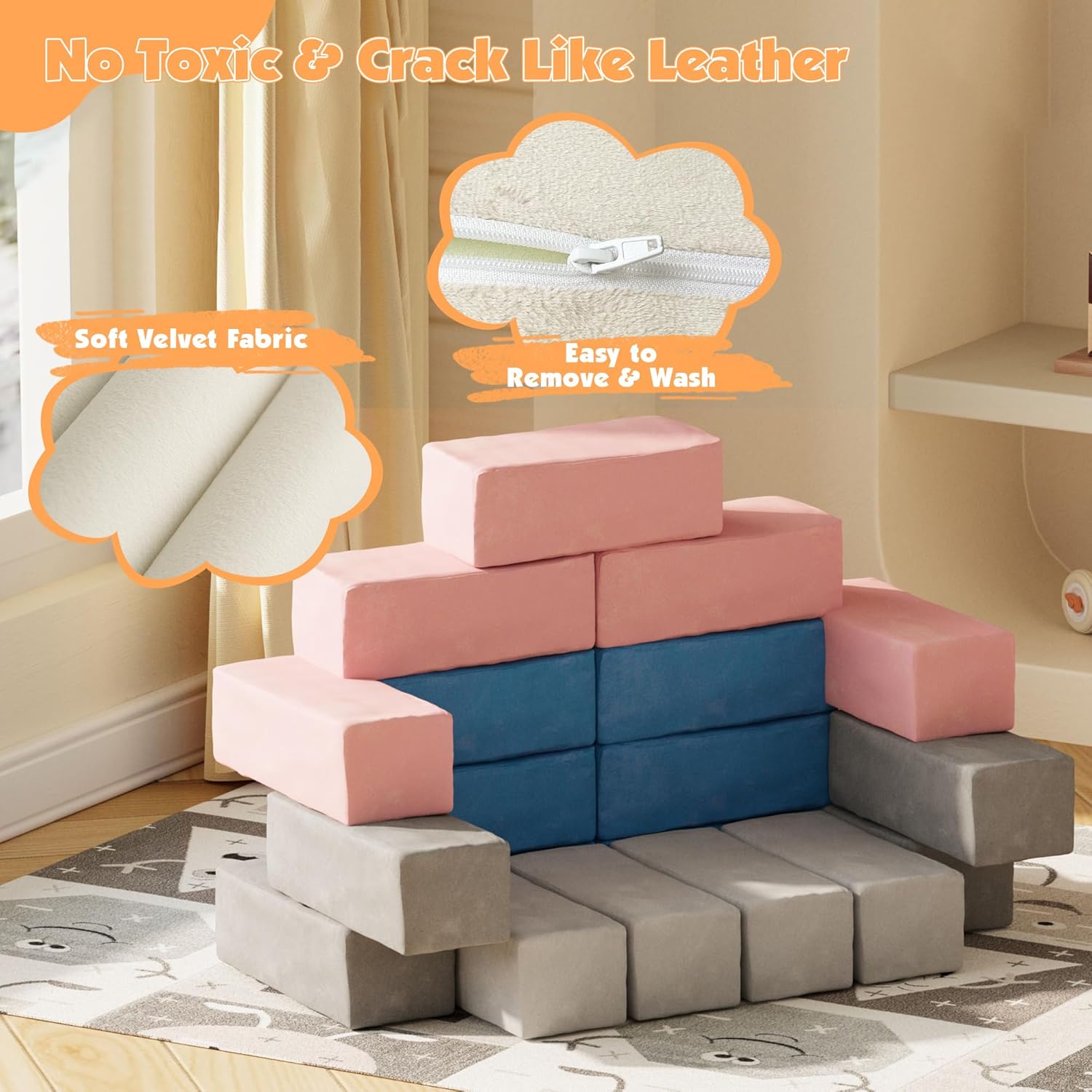 HedoAjim Foam Blocks for Toddlers - 24 Pcs Giant Colorfull Building Soft Blocks, Certified Kids Biggo Stacking Plush Cuboids with Removable and Washable Velvet Fabric for Birthday