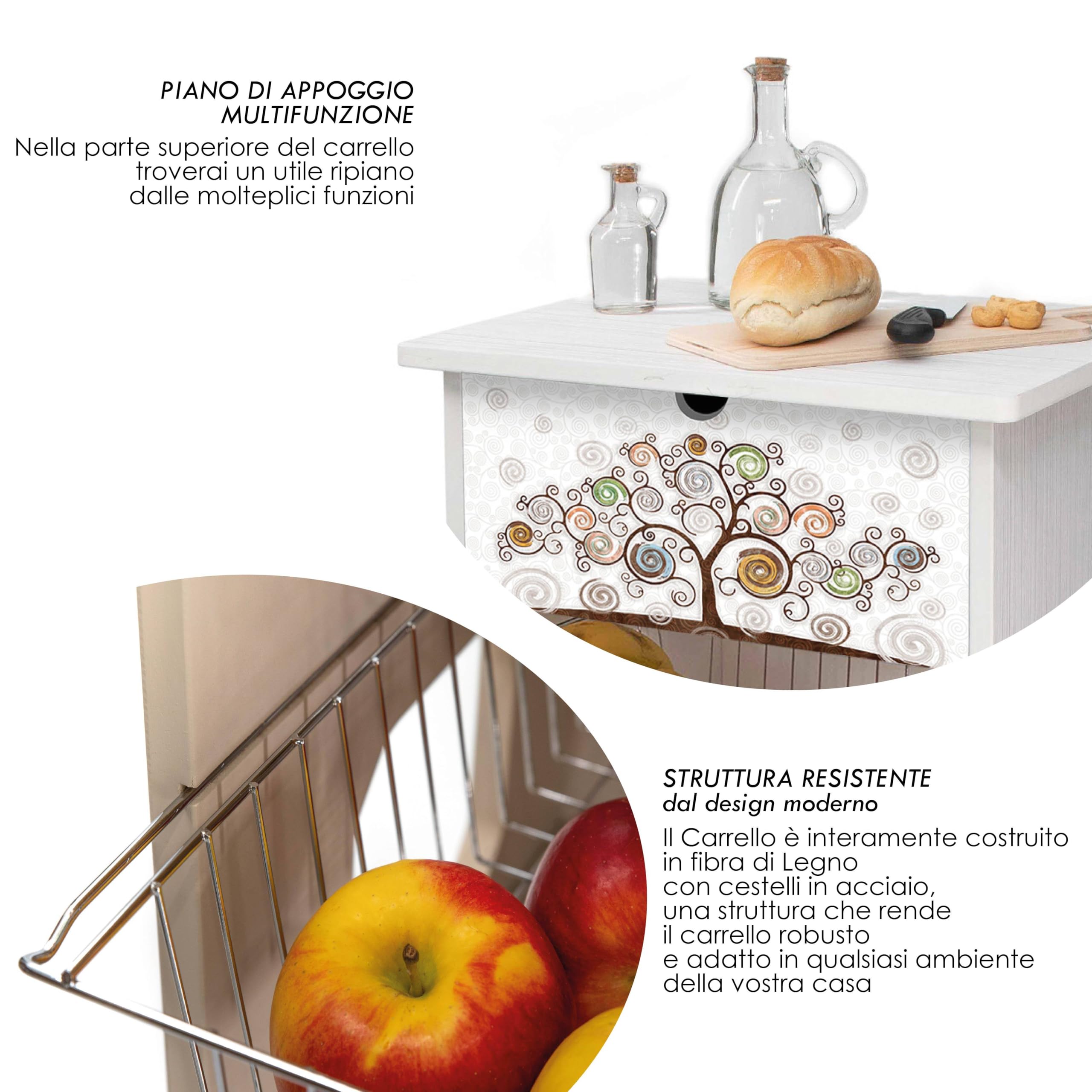 Lupia - Carrello Cucina Multifunzione Bianco WHITE ALBERO ABBRACCIO, Portafrutta Ruote Piroettanti, Piano di Appoggio, tre Cestelli Estraibili in Acciaio, Legno 40X45H85 cm montato