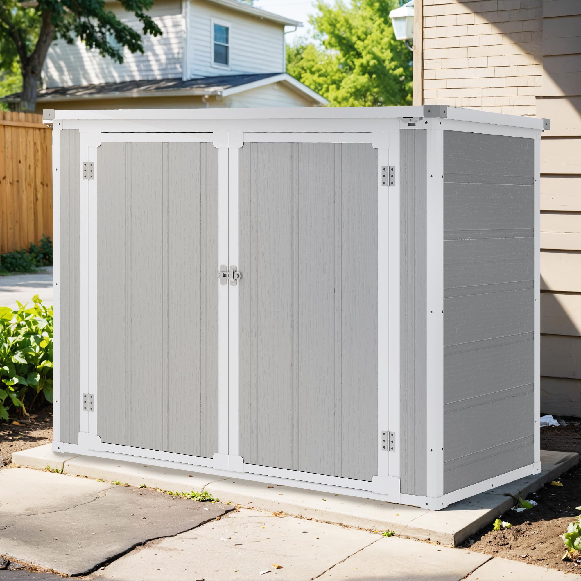 4.7x2.5 FT Horizontal Resin Storage Shed with Floor, 34.5 Cu Ft Outdoor Storage Cabinet for Trash Cans and Garden Tools, Waterproof Plastic Outdoor Storage Box for Pool Toys, Lawn Mower (Gray)
