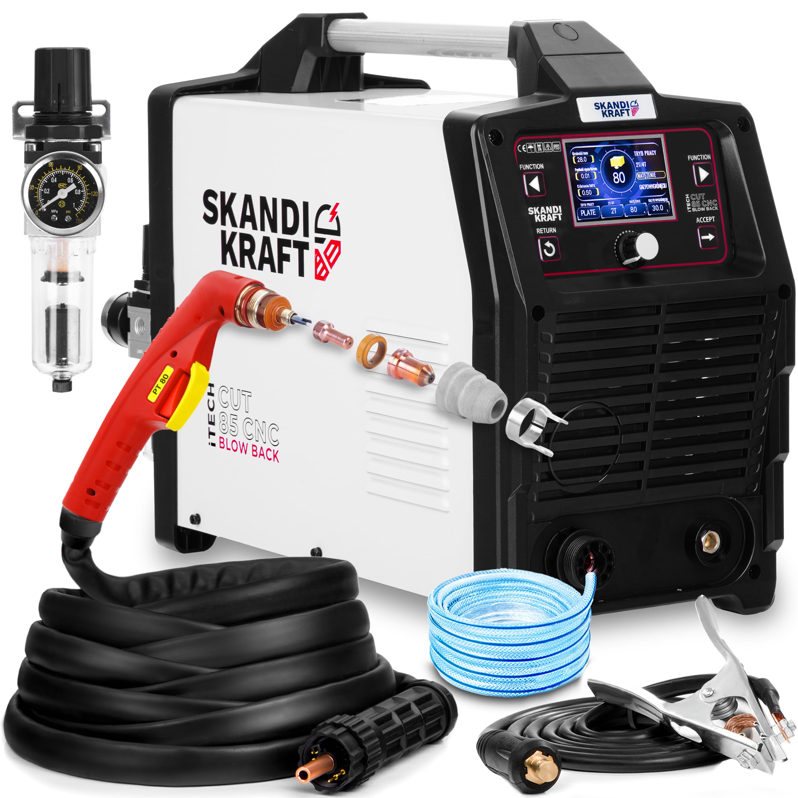 Taglierina al plasma 400 V 85 A CNC | SKANDI KRAFT iTECH CUT 85 Plasma Cutter con accensione Blow Back & Synergic | Saldatrice industriale al plasma 42 mm di spessore di taglio | Saldatura al plasma