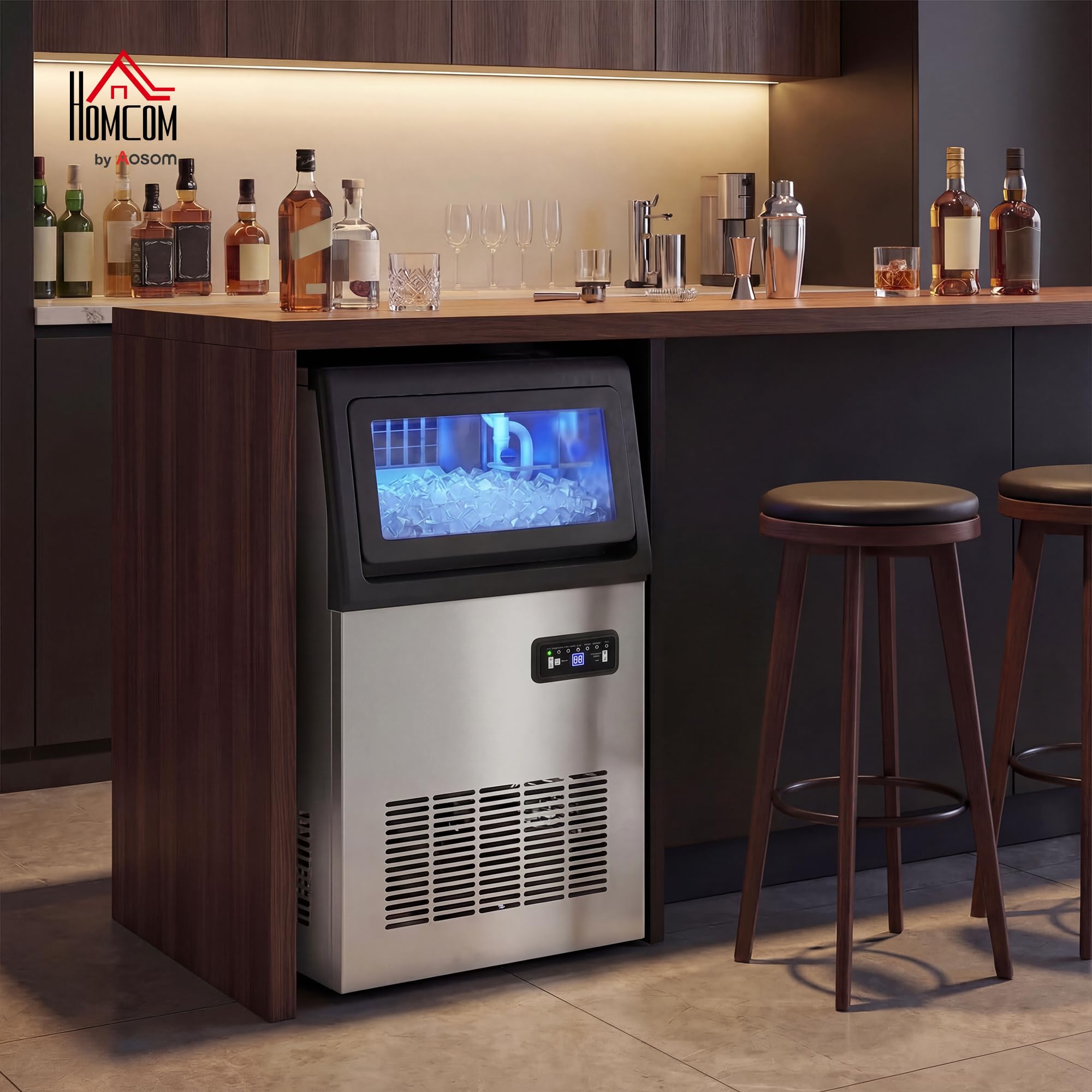 HOMCOM Machine à Glaçons Commerciale 36 kg/24H, Ice Maker Professionnel en inox, 36 Cubes toutes les 10 Minutes, Fonction Nettoyage Automatique, Minuterie, Encastrable ou Pose Libre, Argenté