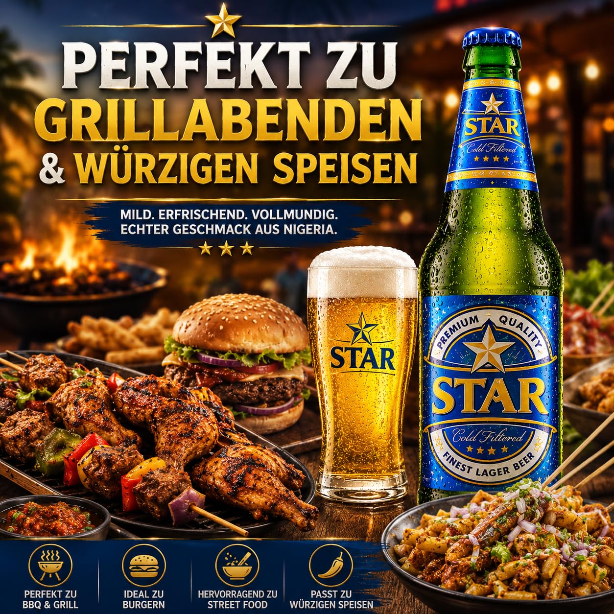 Star Bier Nigeria 12 x 450ml Flaschen Bier aus Afrika mit 5,1% Vol. Premium Lagerbier Importbier aus Nigeria Mild Würzig Vollmundig Exotisches Bierpaket für Bierliebhaber