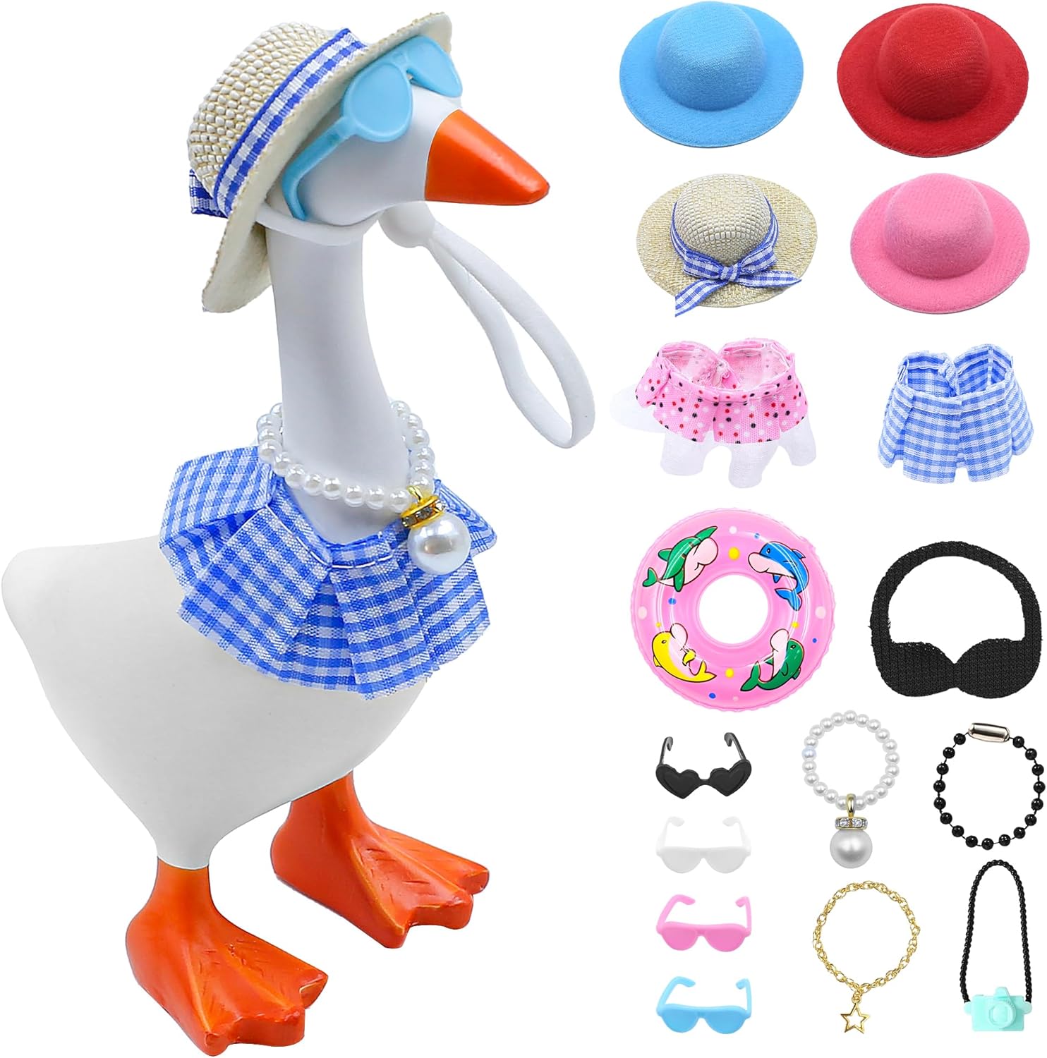 Desk Goose Outfits 7 Inches, 16PCS Mini Desk Goose Clothes with Hats, Sunglasses, Bikini,Swimming Ring, Dresses for Magnetic Porch Goose Key Holder Decor & Office Gifts