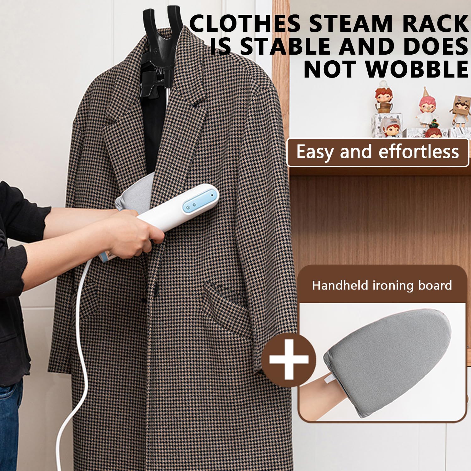 Cintre pour défroisseur, support réglable pour défroisseur à main avec gant de repassage et rasoir à peluches, trépied télescopique, cintre suspendu pour défroisser les vêtements (Noir)