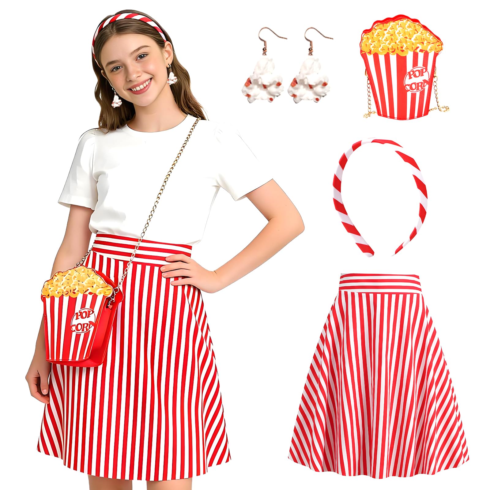 PANMAY Popcorn Costume 4 Pieces Halloween Costume in 50s Style Red/White Striped Pleated Skirt Shoulder Bag Earrings Headband Halloween Circus Cosplay Party (L)