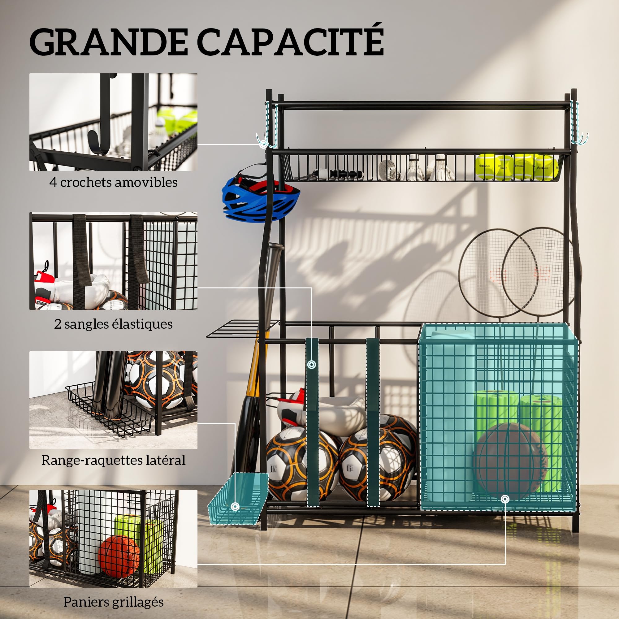 SPORTNOW Rangement d'Équipements de Sport, Organisateur d'Équipements de Sport pour Balles, Jouets avec Paniers, Crochets Amovibles, Sangles Élastiques, pour Intérieur, Extérieur, École, Garage, Noir