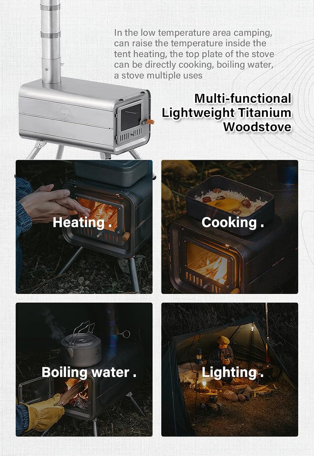 Naturehike Pure titanium Camping Folding Tent Stove 4.41 lbs, Portable Wood Burning Stove with Chimney Pipes, for Outdoor Cooking and Heating Backpacking Stove Outdoor Camping Hiking