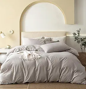 JIYUAN 100% Washed Cotton Duvet Cover Set 3 Pieces Cal King, 1 Duvet Cover 104x98 Inches(Comforter Not Included) and 2 Pillowcases,Linen Feel Bedding Set Comfy and Breathable, Heathered Cream Grey