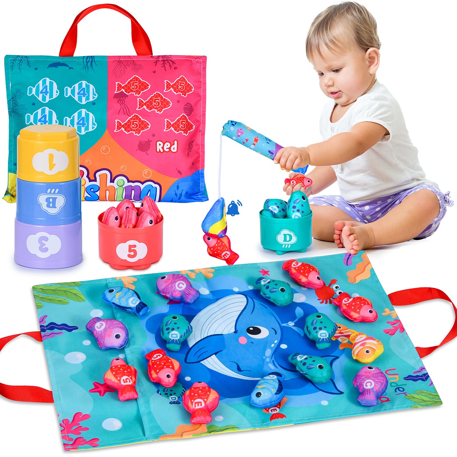 XIXILAND Montessori Toys for 1 Year Old Boys Girls, Fishing Game for Kids Baby Toys 1 2 3 Year Old with Stacking Cups