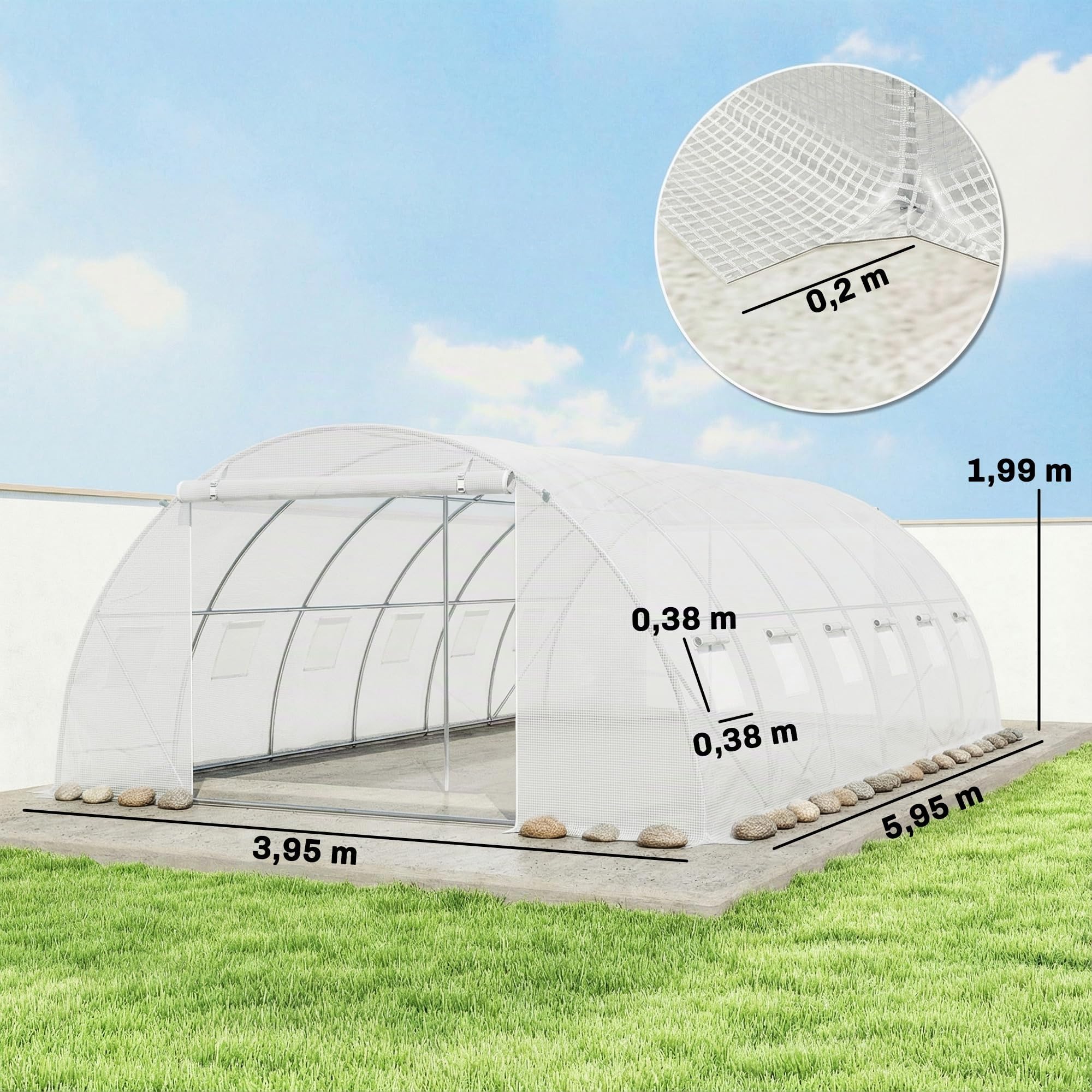 Outsunny Serra da esterno 6x4x2 m, Serra a tunnel con 2 aste di supporto, porte avvolgibili, finestre con rete, copertura in PE e telaio in acciaio zincato, anti-UV, impermeabile, bianca