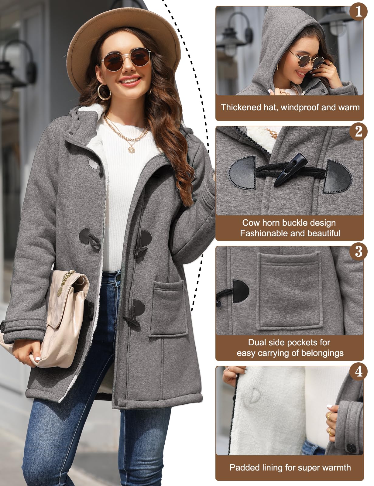 Vancavoo Largo Sudadera con Capucha para Mujer Abrigos con Botones Chaqueta de Lana Alpaca Slim Color sólido Casual Sudaderas con Cremallera Outwear Hoodie de Otoño Invierno