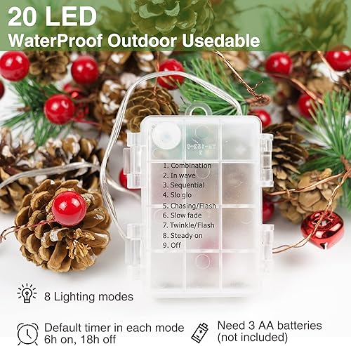 Miniatura 4 de Guirnalda de luces de Navidad de 6.7 pies, 20 luces LED, funciona con pilas, bayas rojas, cono de pino, luces de Navidad para chimenea, chimenea,