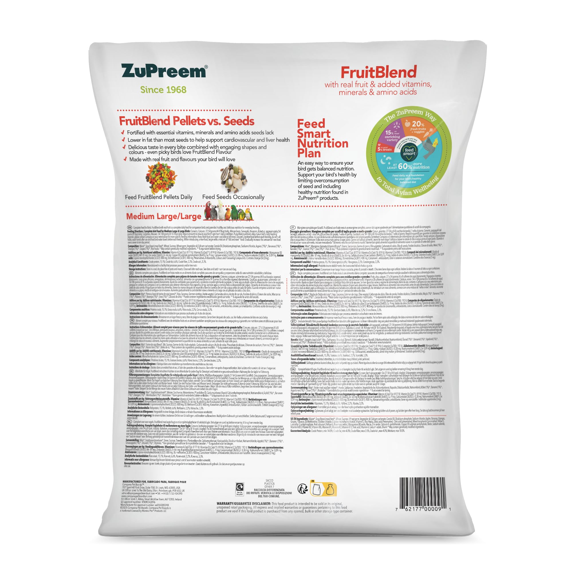 Zupreem Multifrutas Alimento para Aves de Compañía - Frutas y Vitaminas - Pienso para Pájaros Indicado para Loros, Guacamayos, Cacatúas, Caiques y Otros Pájaros Medios-Grandes y Grandes - 7,5 kg
