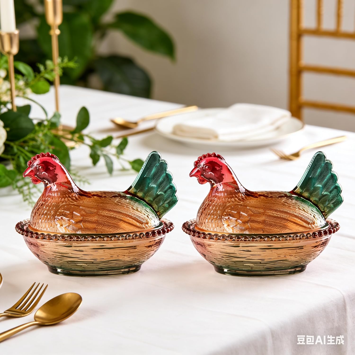 Vintage Glass Hen on Nest Dish with Lid, Large Pedestal Rooster Crystal Candy Bowl, Colorful Jar for Snacks, Dessert, Cookies, Home Kitchen Office Tabletop Decor (2)