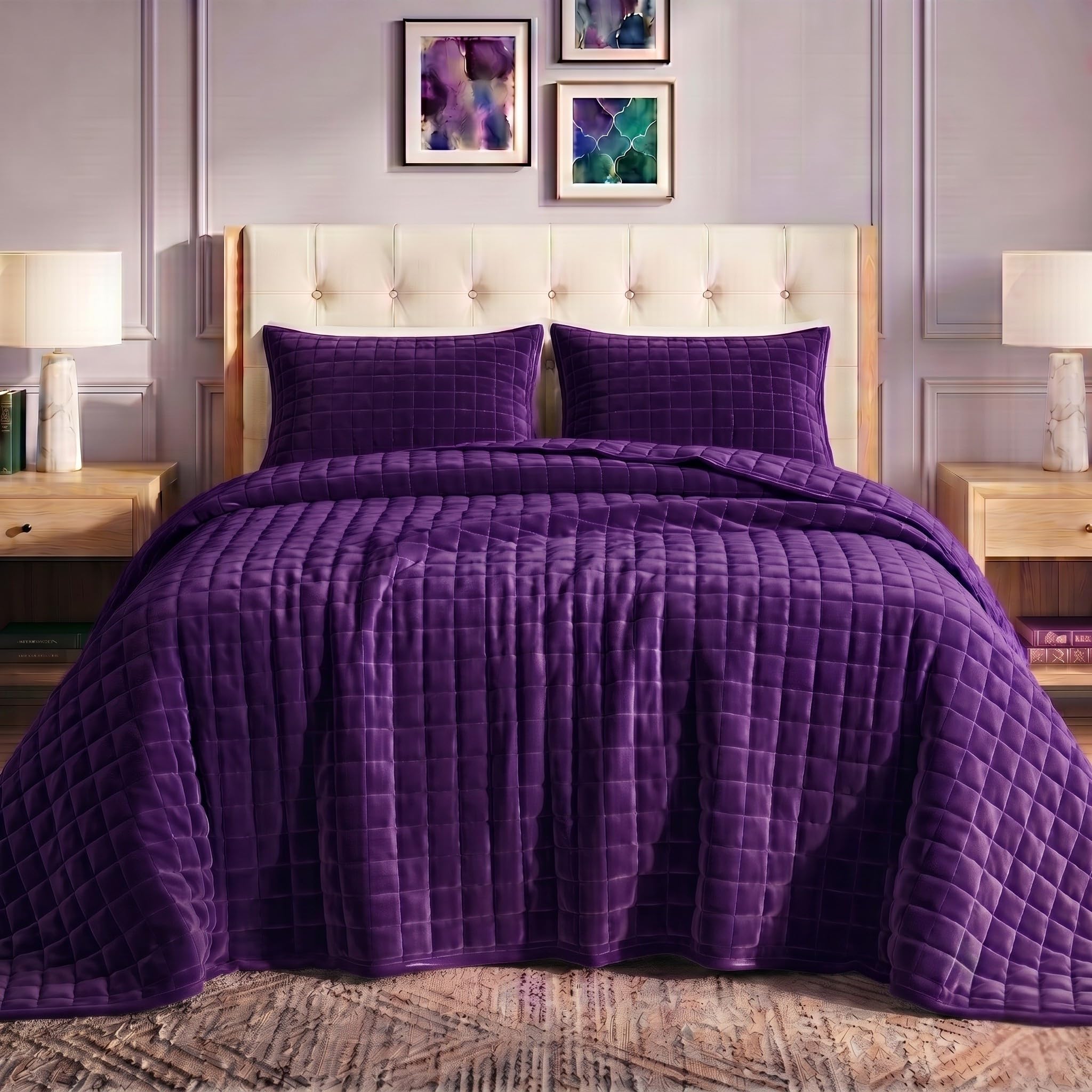 Tribeca Living Florence Velvet Oversized Solid Quilt Set, Purple, King