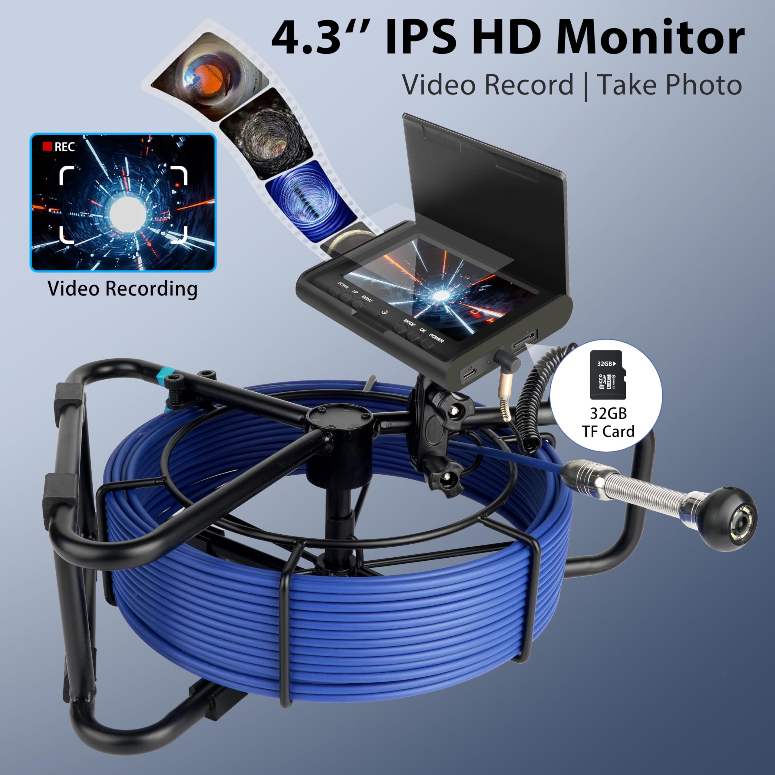 KAOLALI Cámara de Inspección de Tuberías 30M, Pantalla 4,3'', con DVR | Cámara de Tubo 1000TVL Plomería Snake Cámara con 6 LED, Batería de 5000 mAh, Tarjeta de 32 GB, IP68 Impermeable