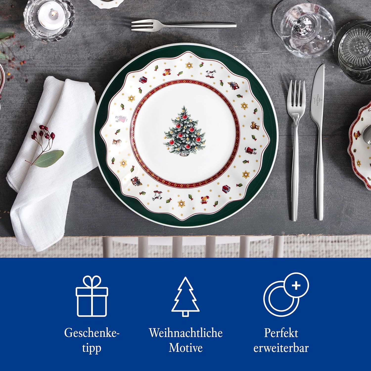 Villeroy & Boch Toy's Delight Frühstücksteller 6er Set, 24 cm, Weihnachtsgeschirr, Plätzchen- und Keksteller für Weihnachten, Premium Porzellan, Weiß
