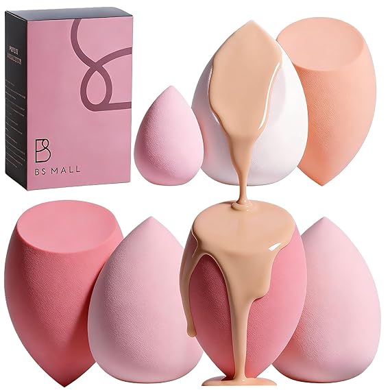 Makeup Sponge Set BS-MALL with Storage Case 7 Pcs for Liquid, Cream, and Powder,SAVE Foundation with 1 Mini Makeup Sponge For Travel Daily Use (A-Pink)