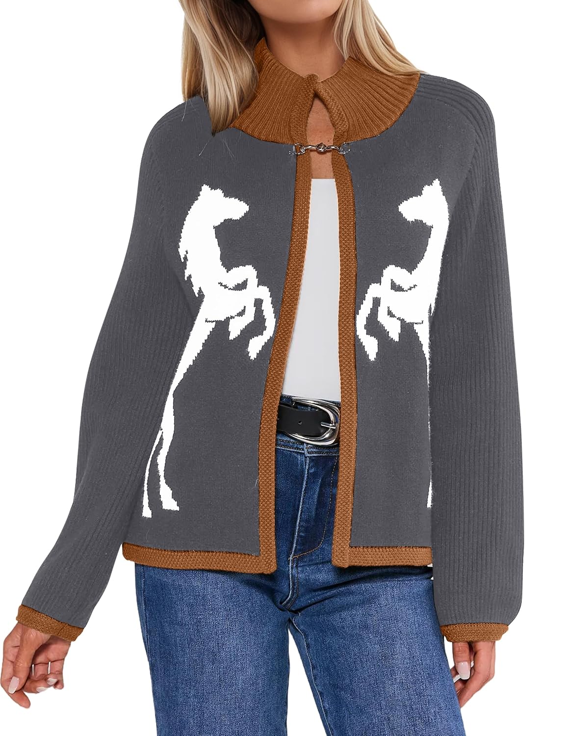 MISSACTIVER Womens Horse Graphic Cardigan Sweaters Long Sleeve Horse-bit Ribbed Knit Jumper Stand Collar Contrast Outfit