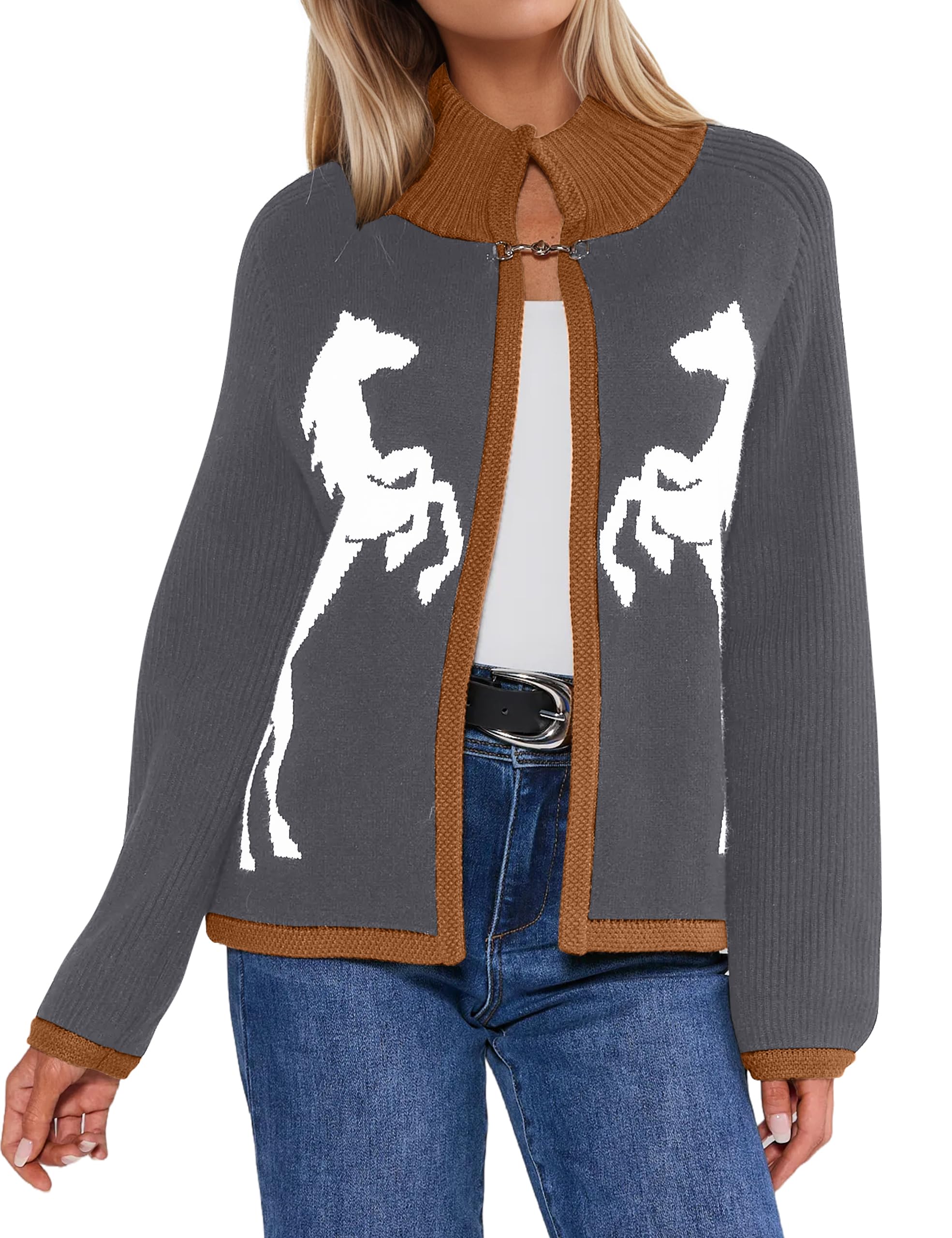 MISSACTIVER Womens Horse Graphic Cardigan Sweaters Long Sleeve Horse-bit Ribbed Knit Jumper Stand Collar Contrast Outfit