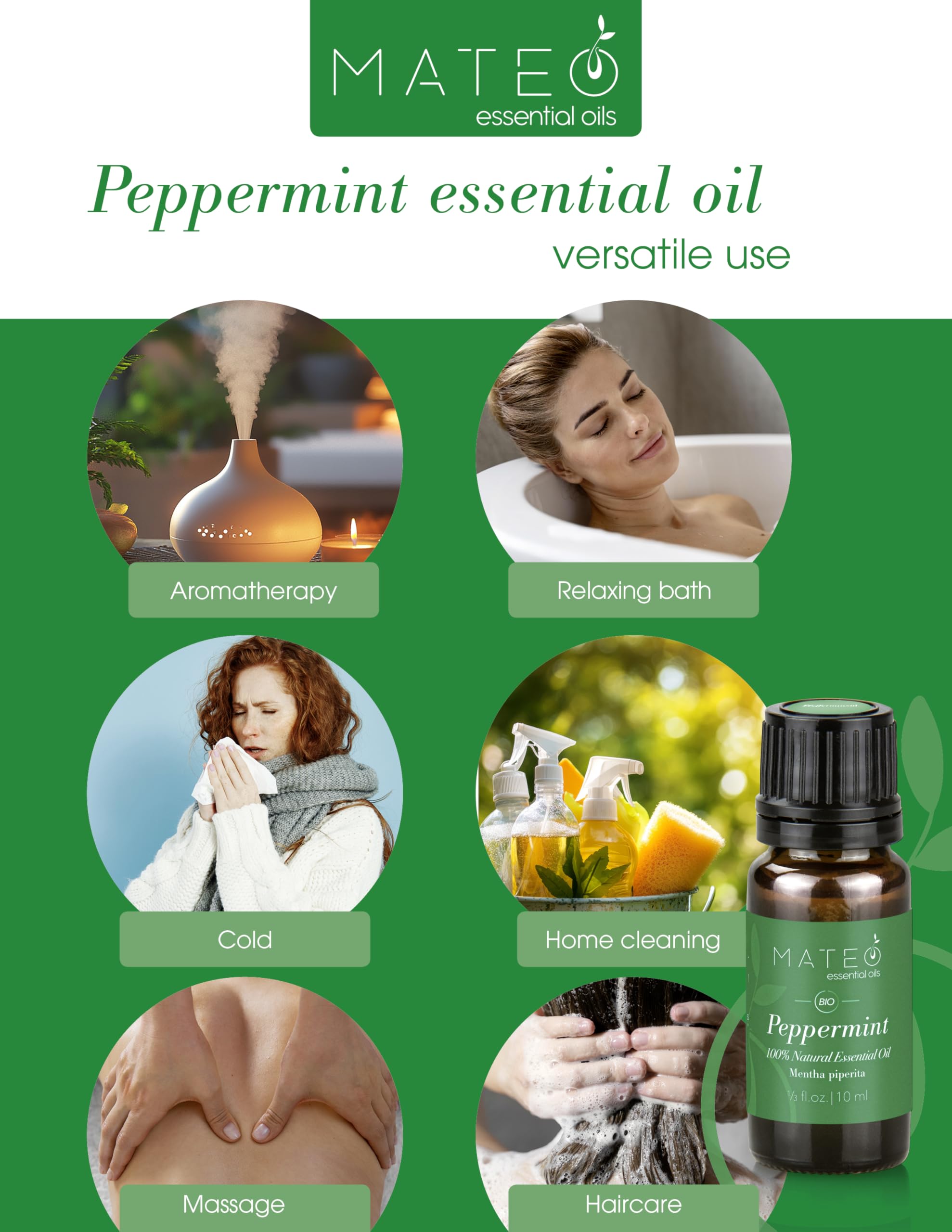 MateoEssentialOils – Olio Essenziale di Menta Piperita 100% Puro & Naturale – Qualità terapeutica – Ideale per Aromaterapia, Diffusori, Massaggi e Cura del Corpo – Effetto Rinfrescante – 10 ml.