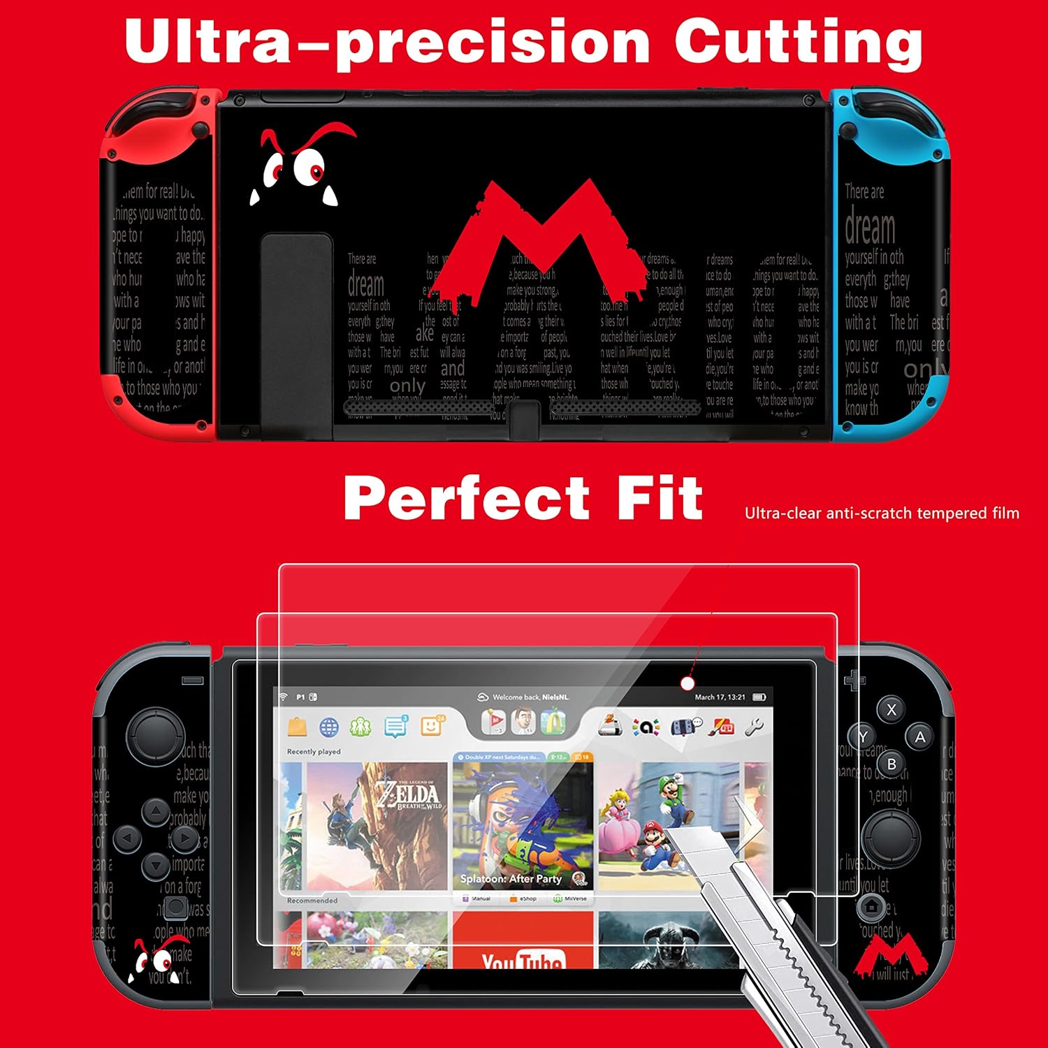 oqpa for Nintendo Switch Skin Cute Kawaii Cartoon Character Design Sticker, Fun Funny Fashion Cool Switch Game Skins for Girls Boys Kids Stickers+Tempered Glass Film for Nintendo Switch (Black M) image 3