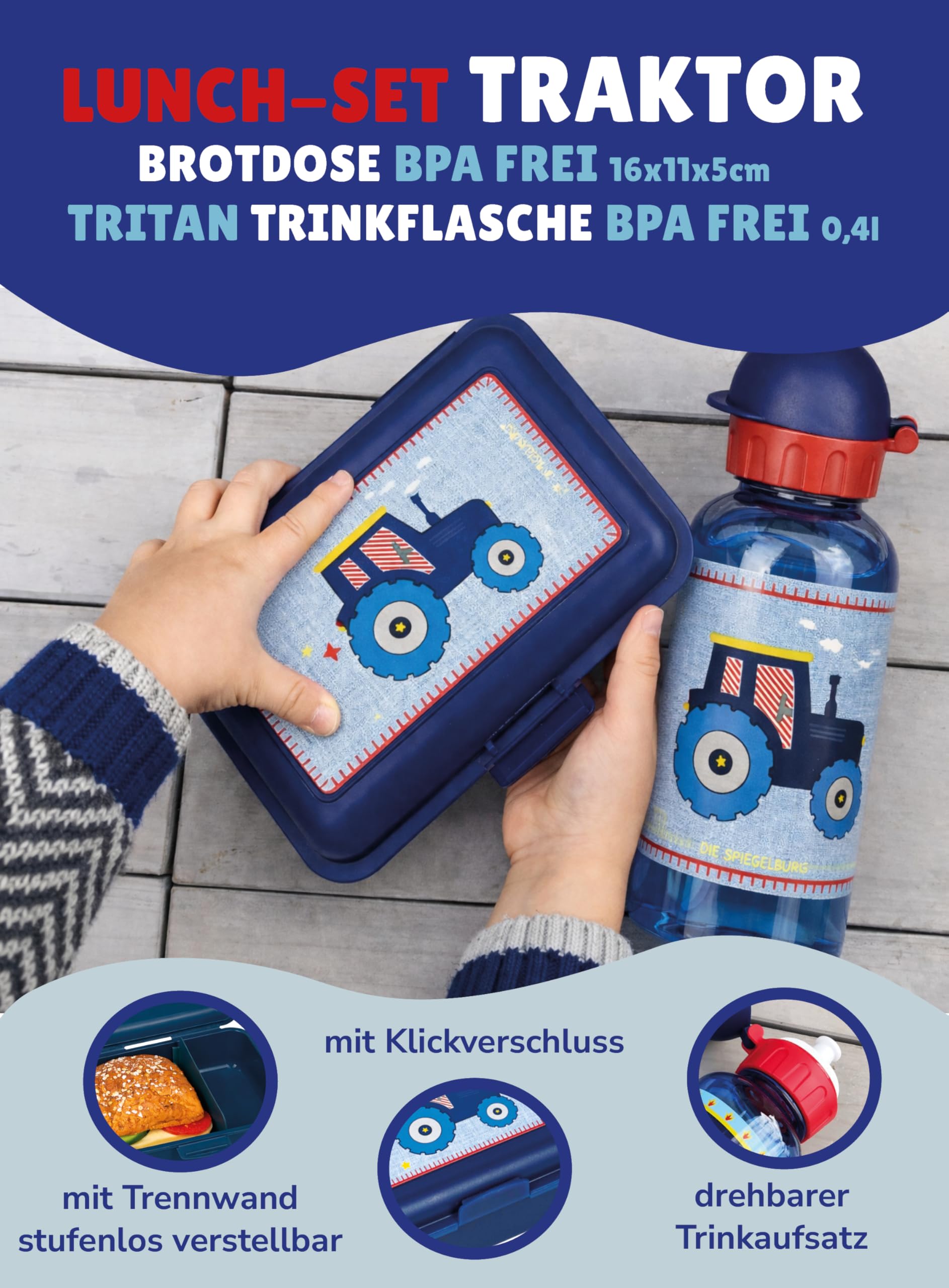 Familando Spiegelburg Kindergarten Rucksack Set 4tlg. mit Turnbeutel, Brotdose und Trinkflasche Traktor Bulldog für Jungen und Mädchen