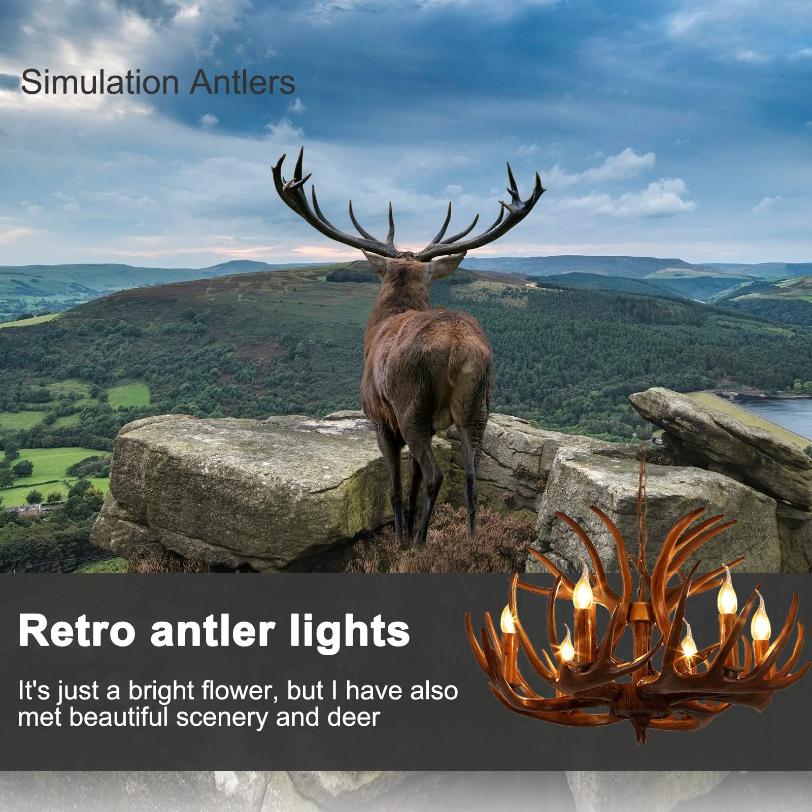 Lámpara Araña de Astas Vintage, 6 Luces Estilo Rústico para Comedor,A,B