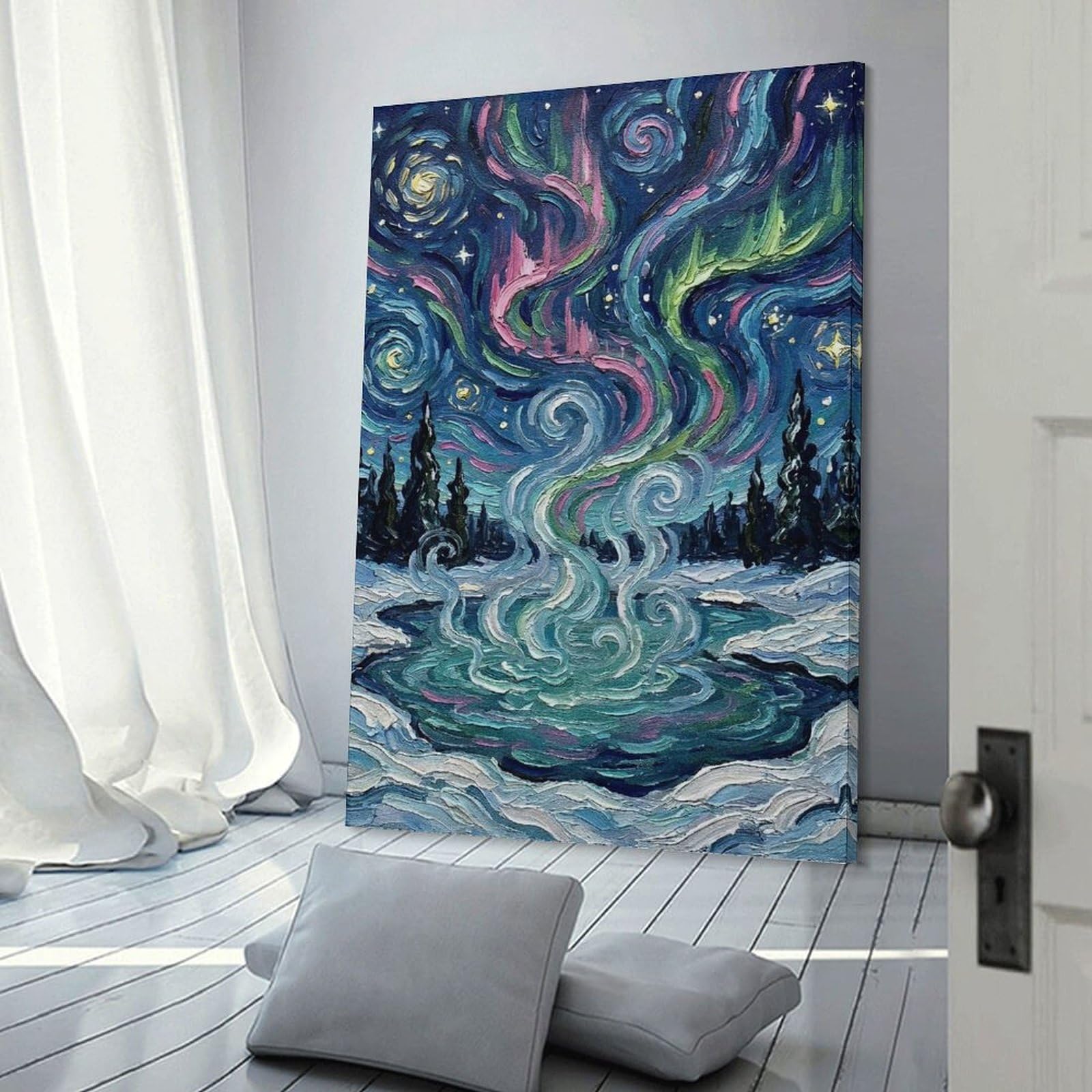 Junmoney Wall Art Print Aurora Borealis over Snowy Landscape, 20x30inch(50x75cm), for Home Lounge, Bedroom Or Reading Nook, Canvas Styling for A Polished Room Look