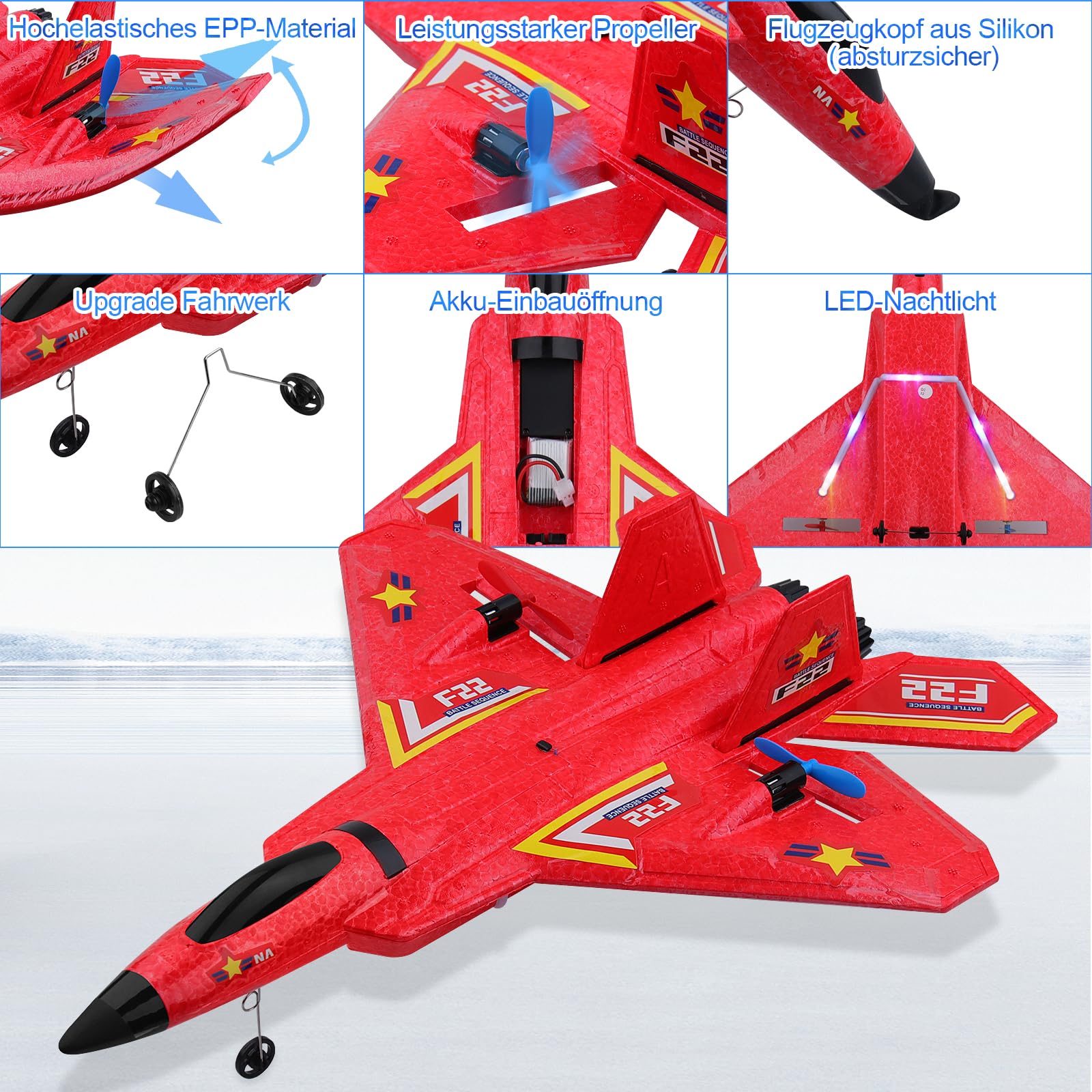 Henakmsl 3CH Aereo Telecomandato FX22, 2,4 GHz Aereo RC Aeroplano Telecomandato con 2 Batterie e Luci Colorate, Aliante Volante Telecomandato per Adatto a Bambini/Adulti/Principianti, Rosso