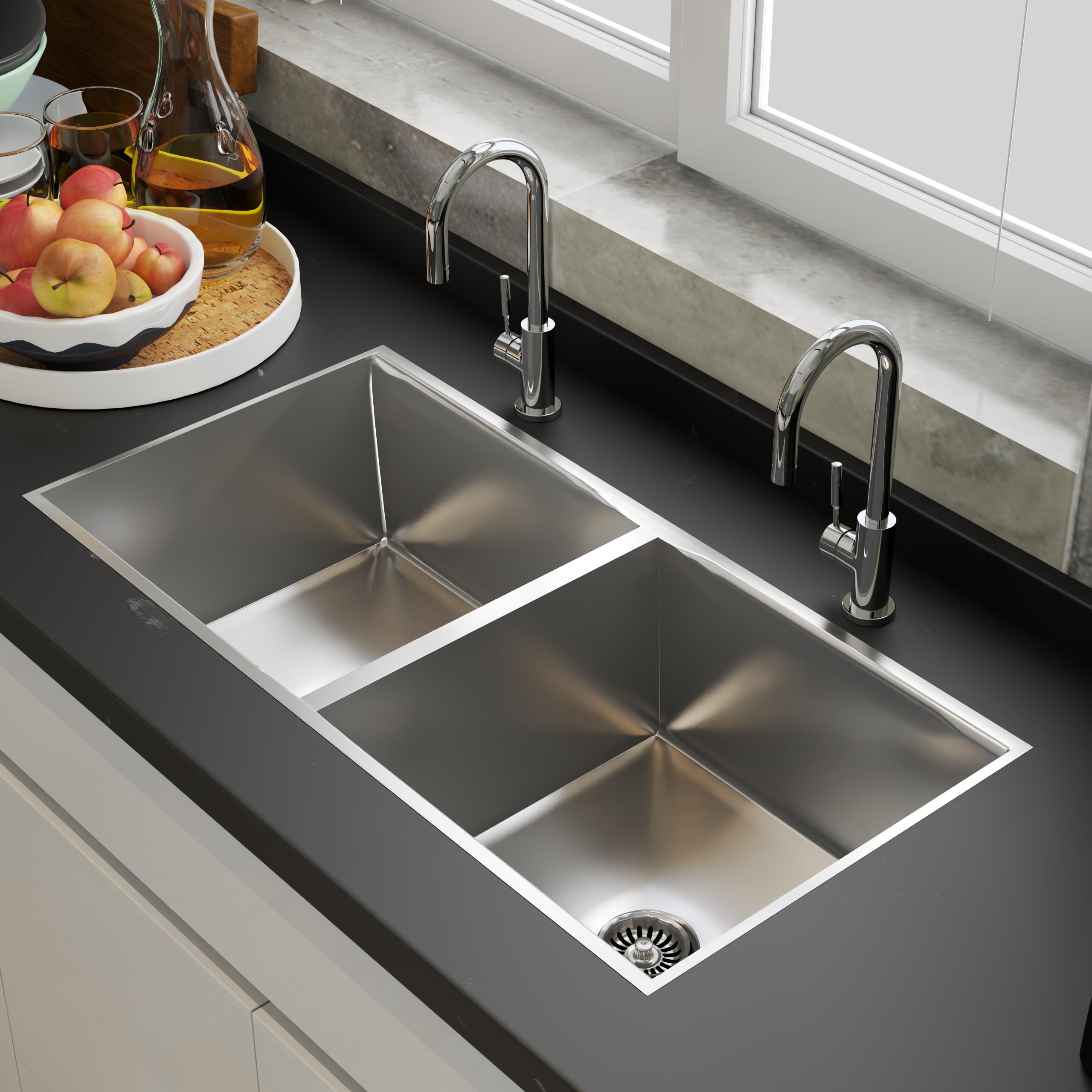Hisre Double Bowl Kitchen Sink | Quartz & Stainless Steel, Deep, Durable, Rust & Scratch Resistant, Easy-to-Clean, Modern Design – 37x18x9", Ideal for Contemporary Kitchens, photo 4 of 5