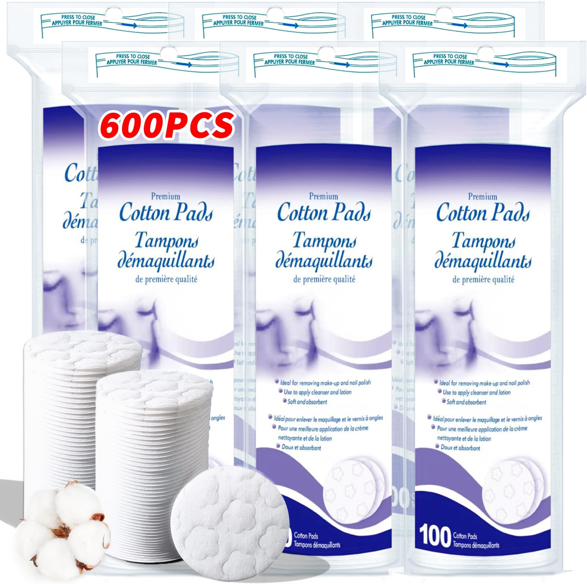 Premium Cotton Pads for Face, 600 Count Round Makeup Remover Pads, 100% Pure & Natural Organic Cotton Rounds, Lint-Free Facial Pads Cleansing Cotton (100 Count (Pack of 6))