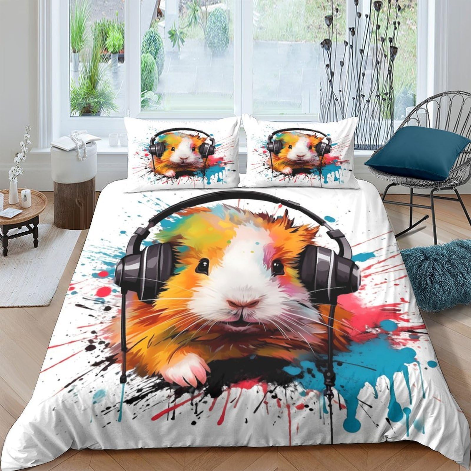 Ctjqhvkz Style-2 3D Printed Colorful Guinea Pig Fitted Sheet Microfiber Soft Headphone Splash Bed Cover For Bedroom Dorm Mattress Decor Single（135X200cm）