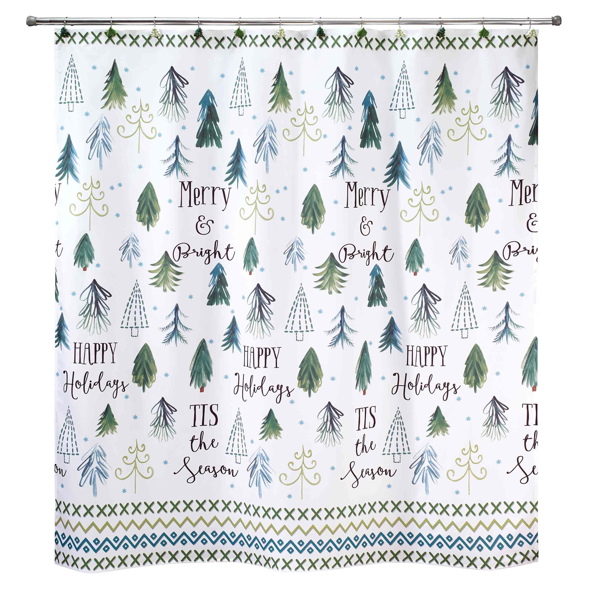 Avanti Weihnachts-Duschvorhang Set Mit 12 Haken - Festliche Bäume-Motiv, 183x183 Cm, Polyester