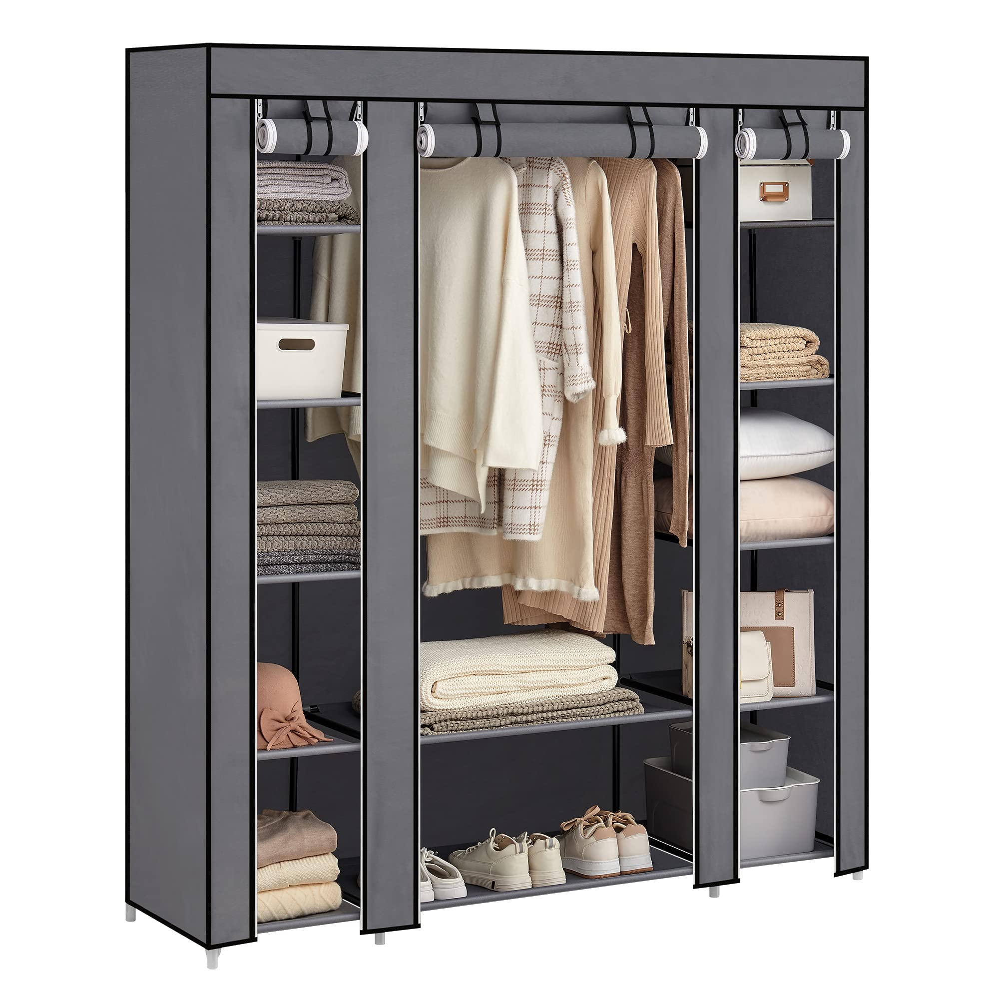 SONGMICS Fabric Wardrobe, 12 with Clothes Rail and Shelves, Sturdy Wardrobe for Bedroom, Dressing Room, 150 x 45 x 175 cm, Grey SPF03G