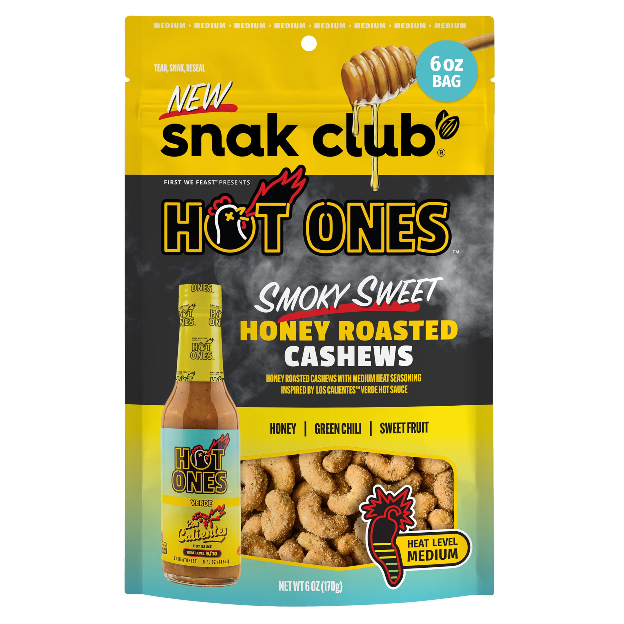 x Hot Ones Honey Roasted Cashews, Smoky Sweet, Spicy Nuts, Inspired by Hot Ones, Vegan Snack, 6 oz Resealable Bag