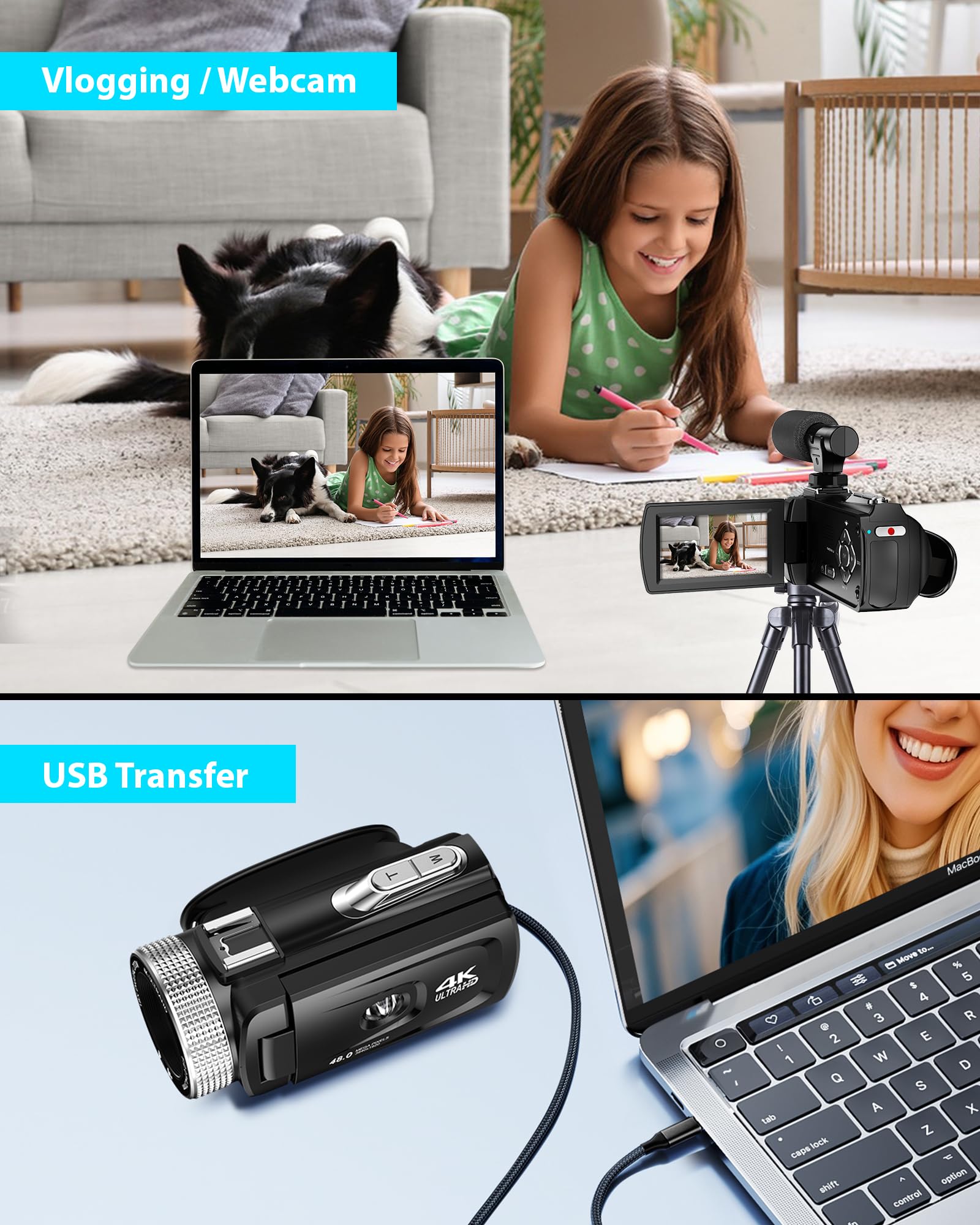 Videocámara 4K Cámara Video 48 MP, Cámara Vlog para Youtube, Zoom Digital de 18X, Pantalla IPSde 3" y 270°, Luz LED de Relleno, Cámara de Video para Micrófono, 2 Baterías, Tarjeta de 32 GB