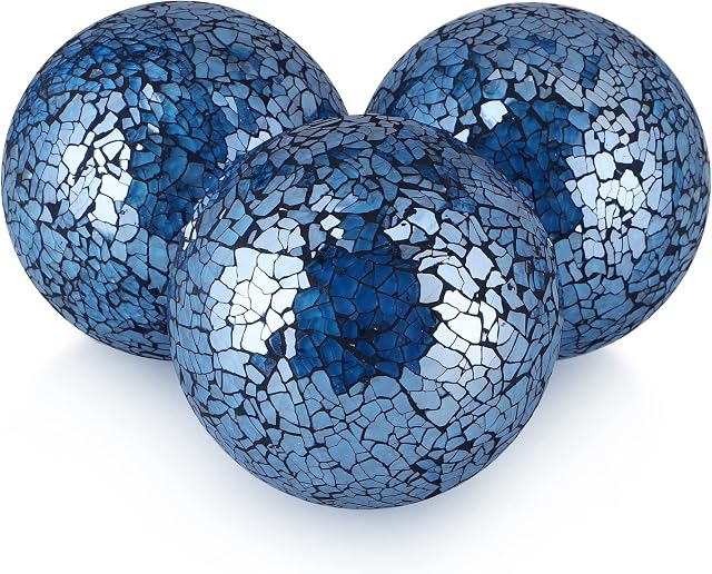 MDLUU 3 Pcs Mosaic Balls, 10cm Decorative Orbs for Bowl, Sphere Balls with Glass Mosaic for Home Decor, Party Ornament, Wedding Centerpiece (Turquoise Blue)