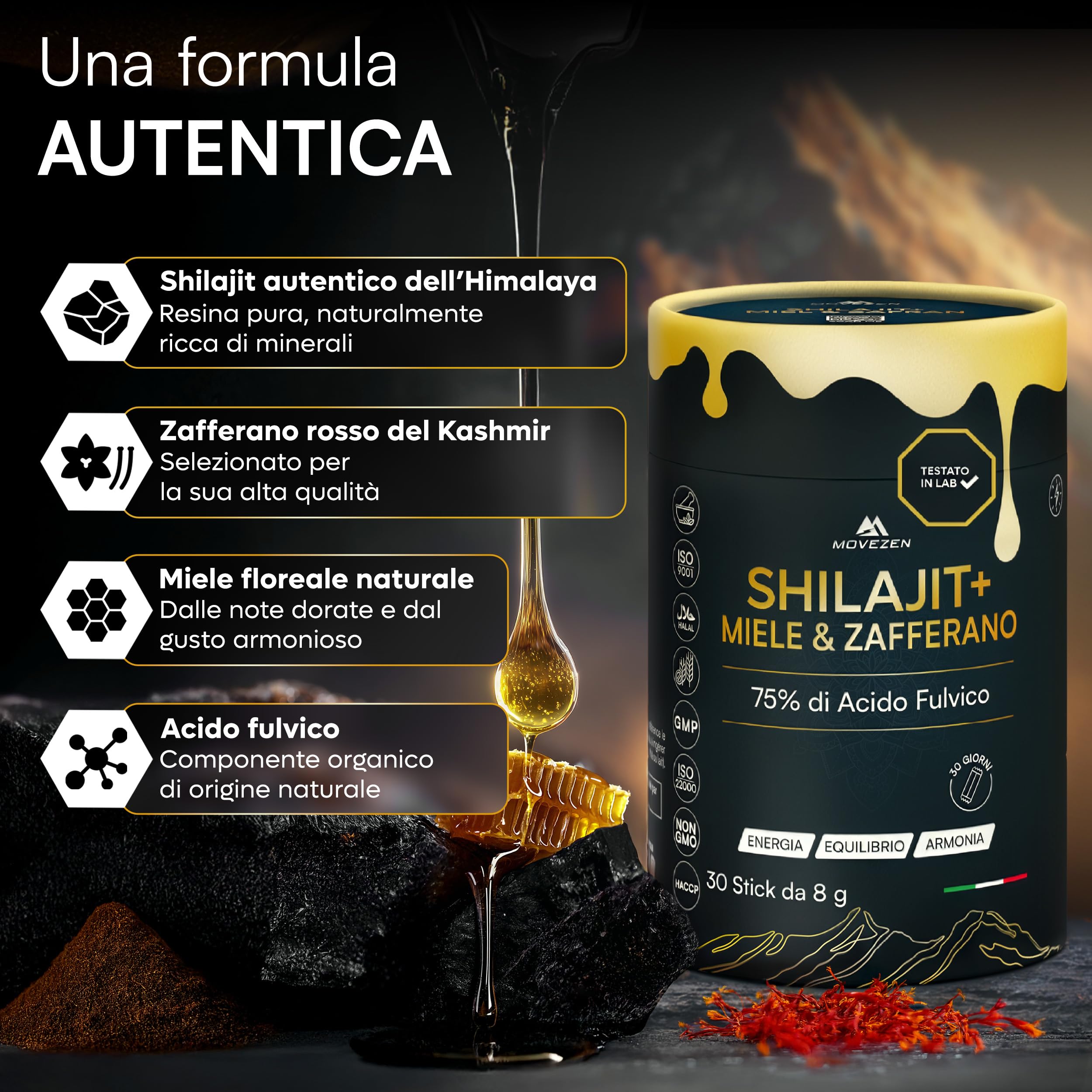 Shilajit +, Resina autentica 100% pura dell'Himalaya con miele e zafferano biologico – Energia sostenibile, Vitalità, Concentrazione – 30 Sticks da 8 g – Ricco di acido fulvico e umico, 85+