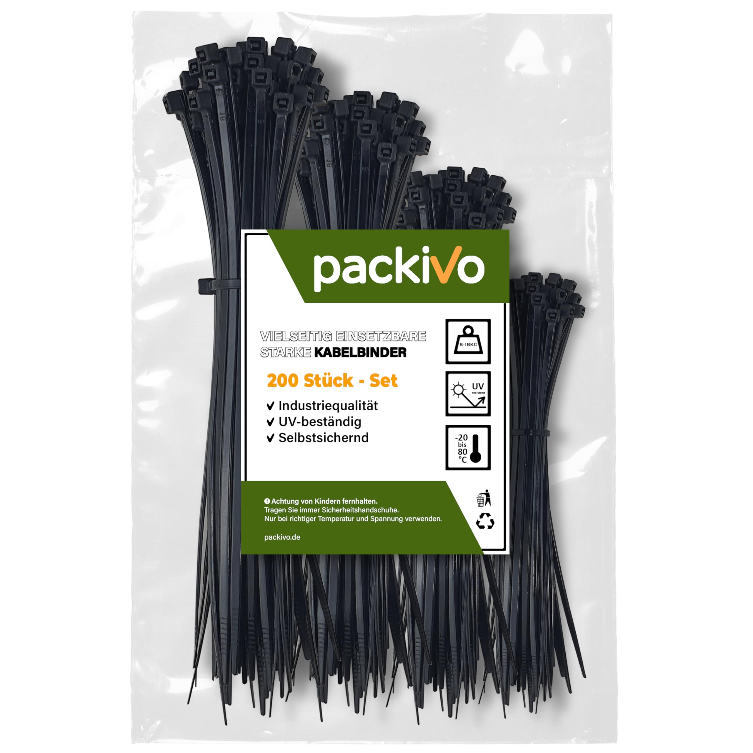 Set of 200 Black Cable Ties, 100/150/200/300 mm