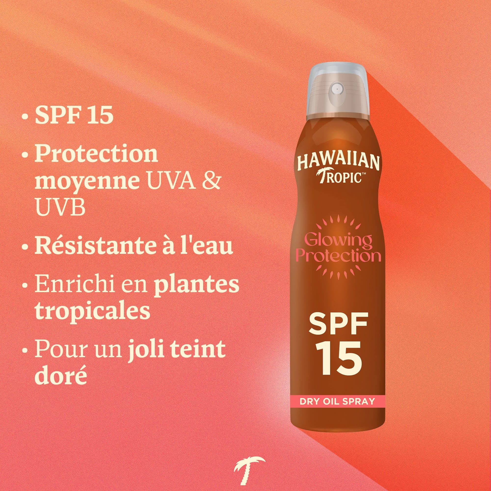 Hawaiian Tropic Brume huile sèche Glowing Protection, Résistante à l’eau, Protection SPF 15, UVA + UVB, Écran solaire en spray, Senteur tropicale, Huile solaire aux plantes des îles, 177 ml