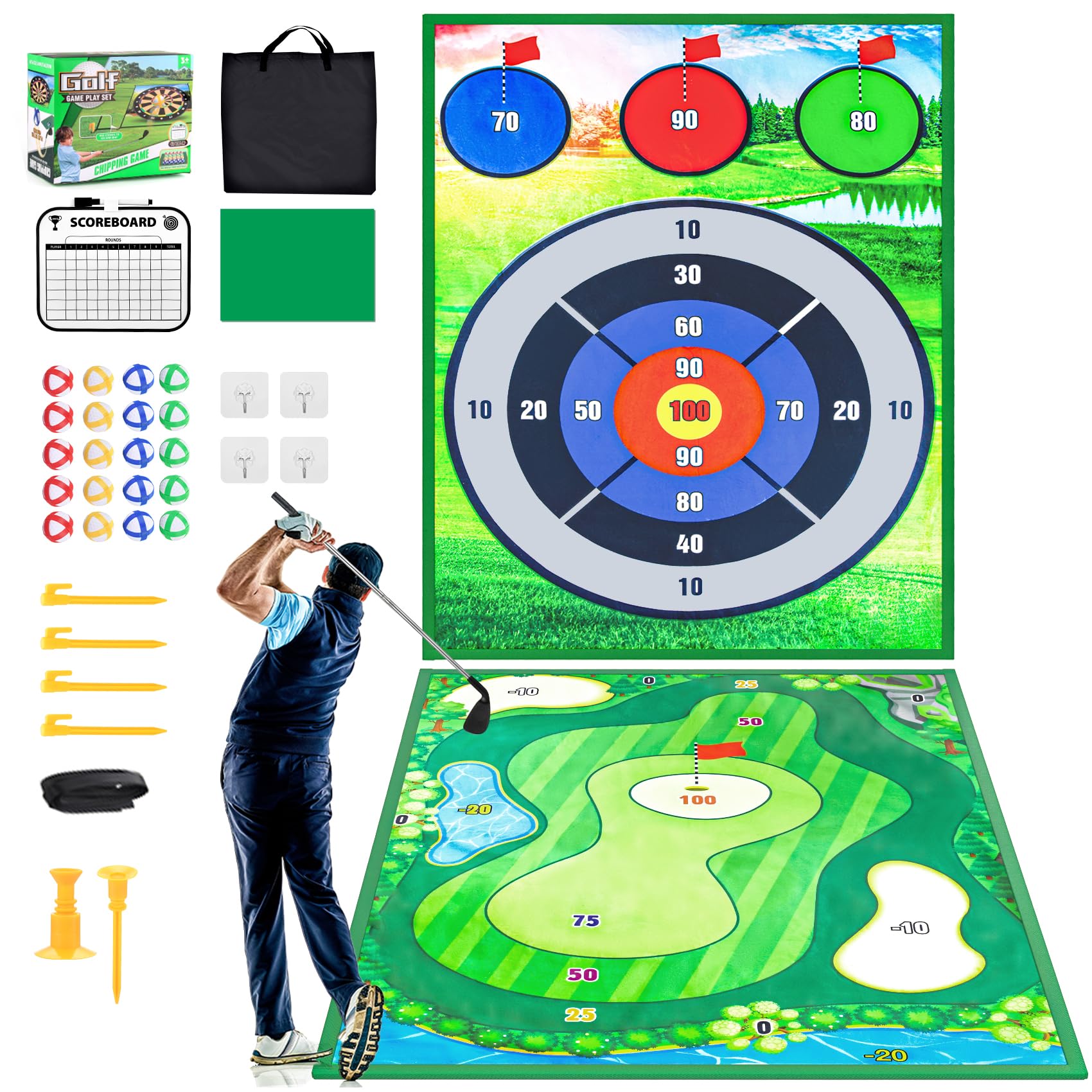 Double-Sided Chipping Golf Game Mat and Darts Mat with Clubs, Thickened and Durable, Indoor and Outdoor Sticky Golf Game Equipment for Adults and Family Kids