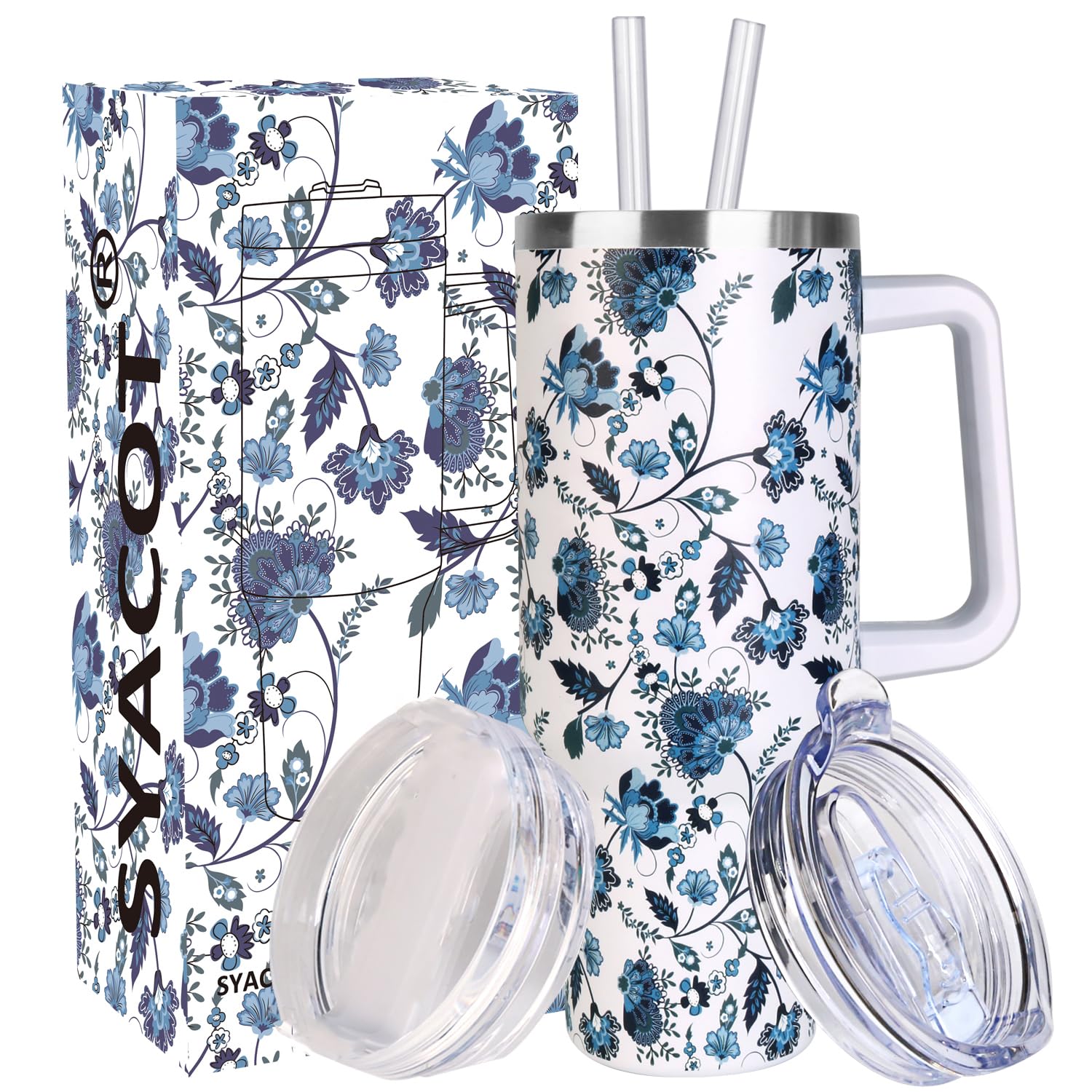 40 oz Tumbler with Handle and Straw Stainless Steel Insulated Tumbler Leak Proof Lid and Straw Lid Reusable Travel Mug Coffee Mug Cup Dishwasher Safe Keep Drinks Cold and Hot (Ceramics)